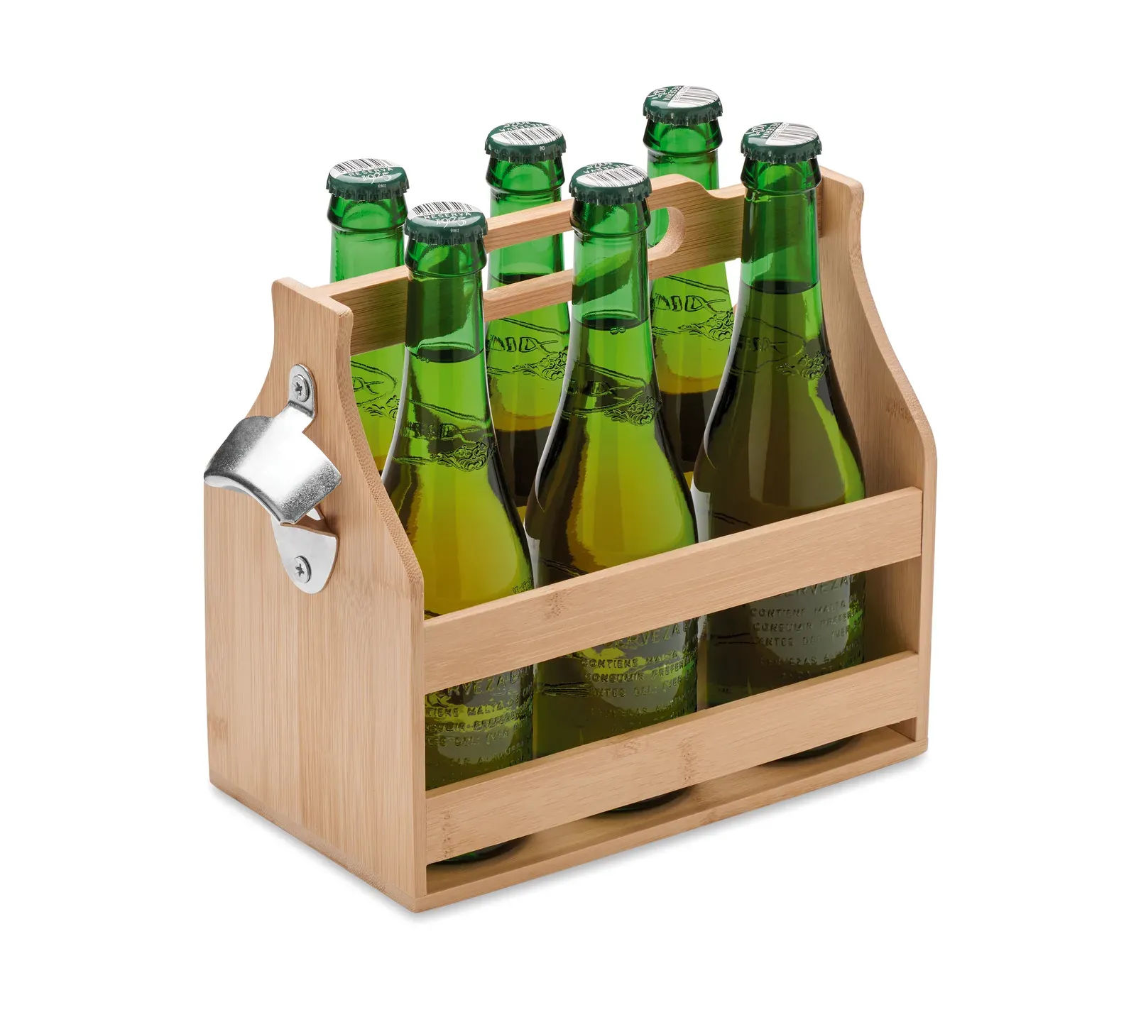Cabas – Carry Crate in Bamboo Including a Metal Bottle Opener; It Fits 6 Traditional Glass Beer Bottles — Wood