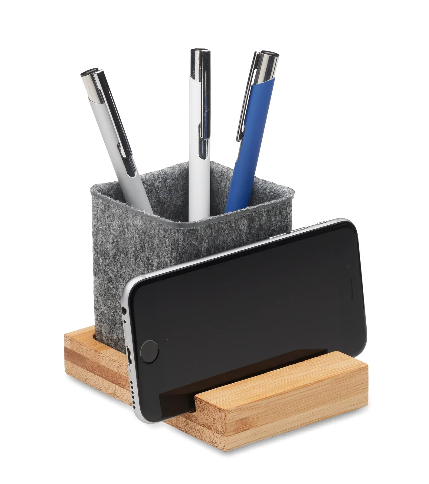 Orostan RPET Felt Pen Holder – Bamboo Base with Phone Stand — Wood
