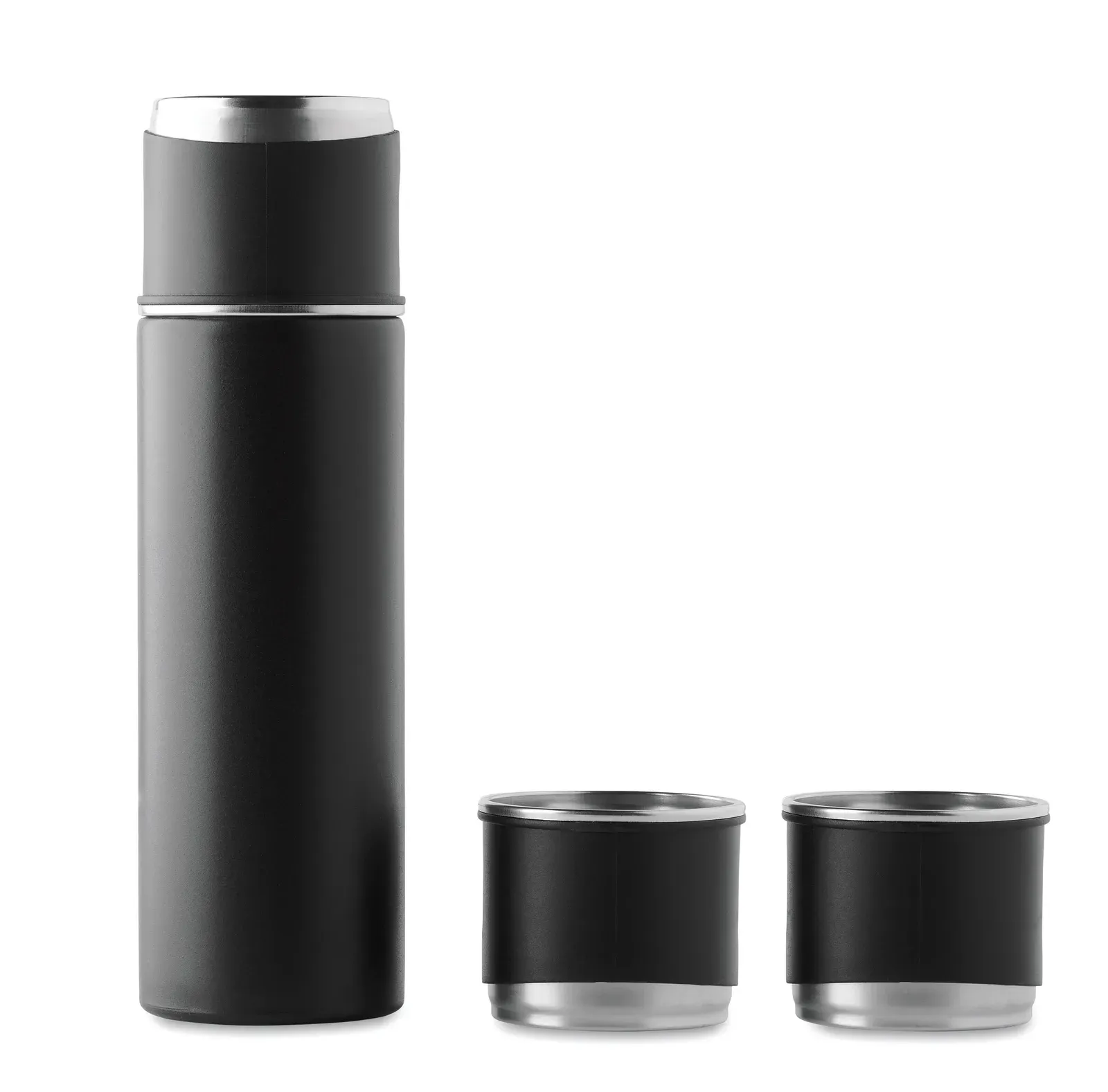 Sharm – Set of Double Wall Stainless Steel Vacuum Insulated Flask with Leak-Free Cup Lid and 2 Additional Cups — Black