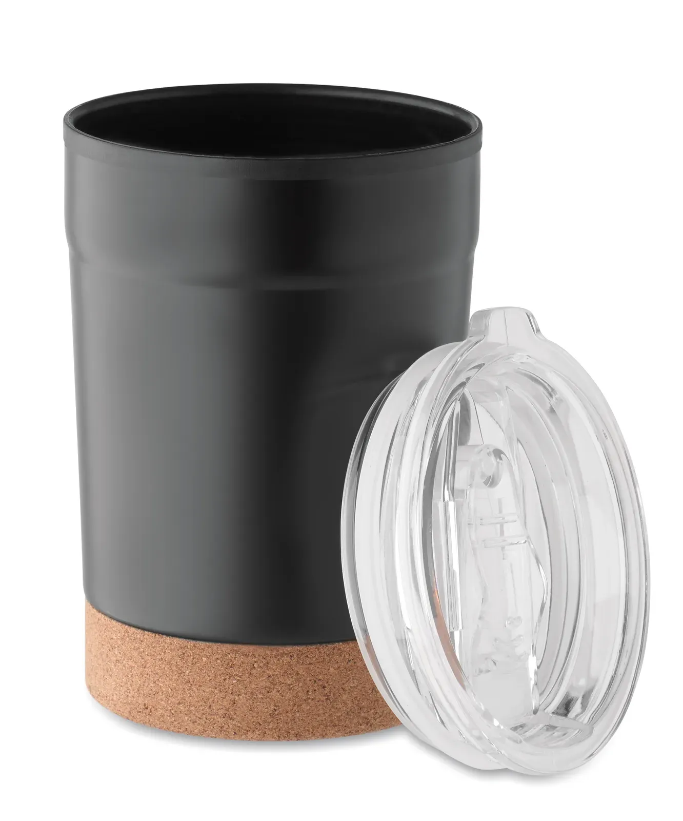 Nomu – Double Wall Tumbler with Stainless Steel Outer and PP Liner Inside, with Cork Base and with Sliding Sip Hole — Black