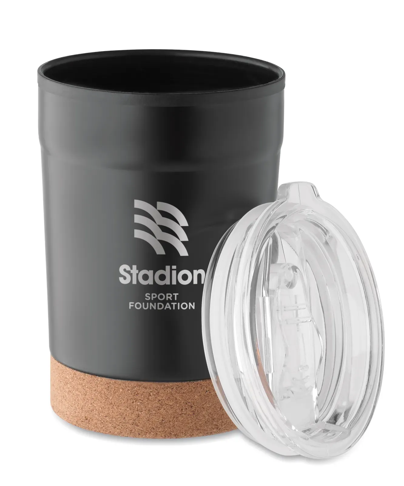 Nomu – Double Wall Tumbler with Stainless Steel Outer and PP Liner Inside, with Cork Base and with Sliding Sip Hole — Black