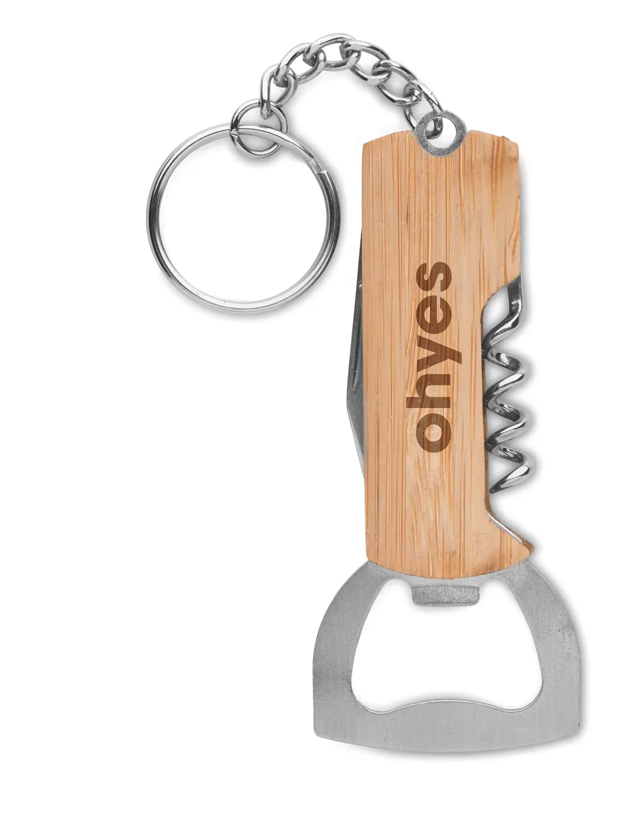 Allin1 – 3 in 1 Tool Pocket with Bamboo Case and Key Ring; It Includes a Bottle Opener, Wine Corkscrew Opener and Pocket — Wood
