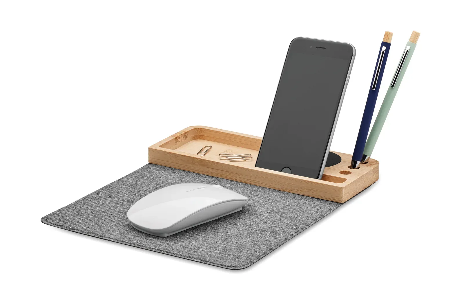 Pandu Bamboo Desk Organizer – 15W Wireless Charger, Phone Stand & Mouse Mat, FSC-Certified — Wood