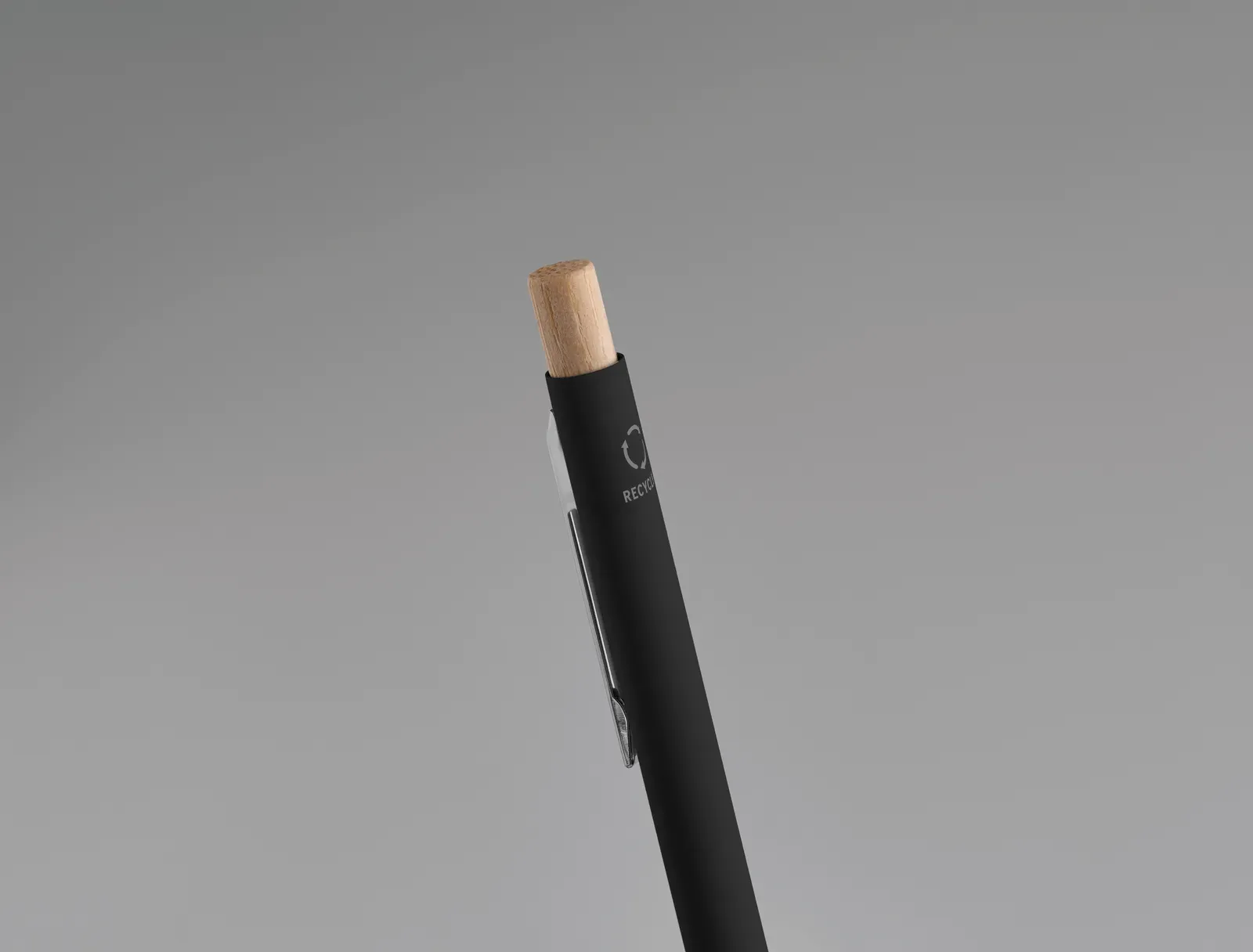 Bergamo Recycled Aluminium Pen – Bamboo Push Button, Silver Trim — Black