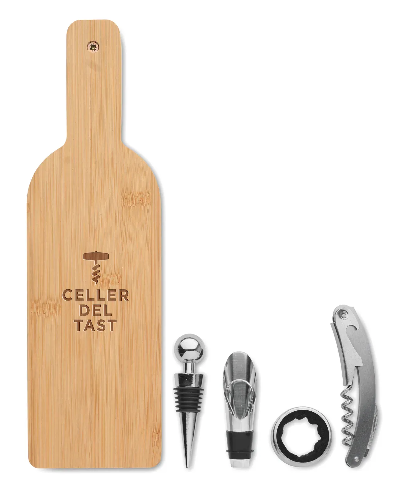 Vinovault Set – Bottle Shape Wine Set in Bamboo Case; Including Corkscrew, Wine Pourer, Bottle Stopper and Wine Bottle Drip Ring — Wood