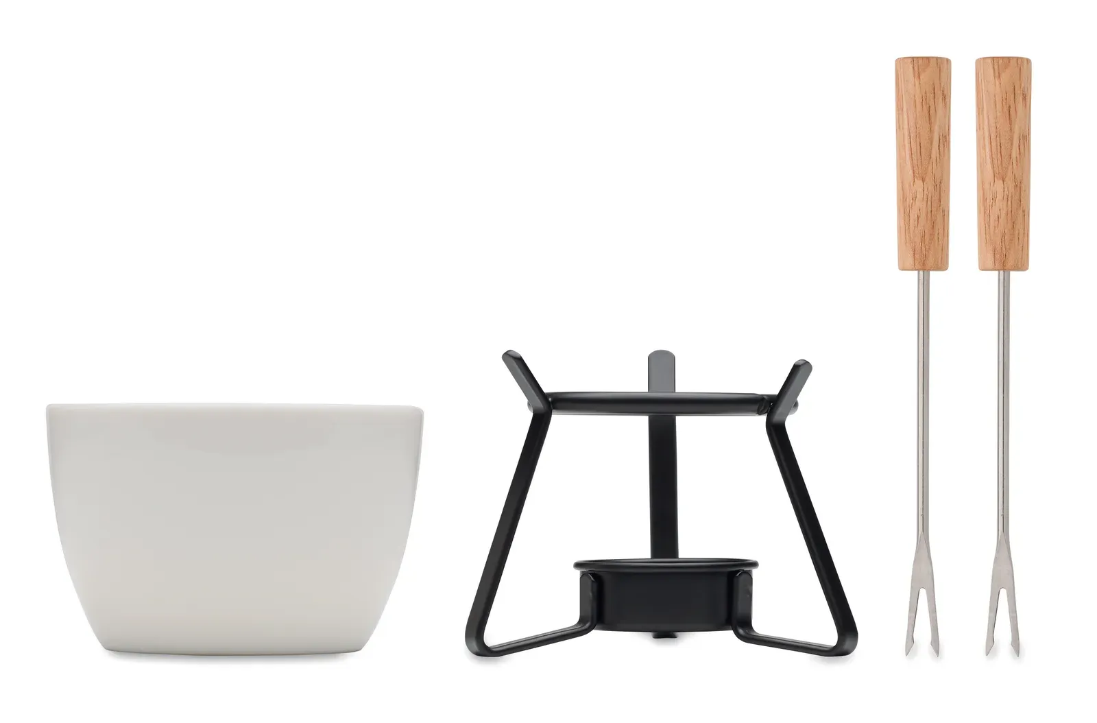 Kase – Small Ceramic Fondue Set for Two; Including Two Metal Forks with Wooden Handles — White
