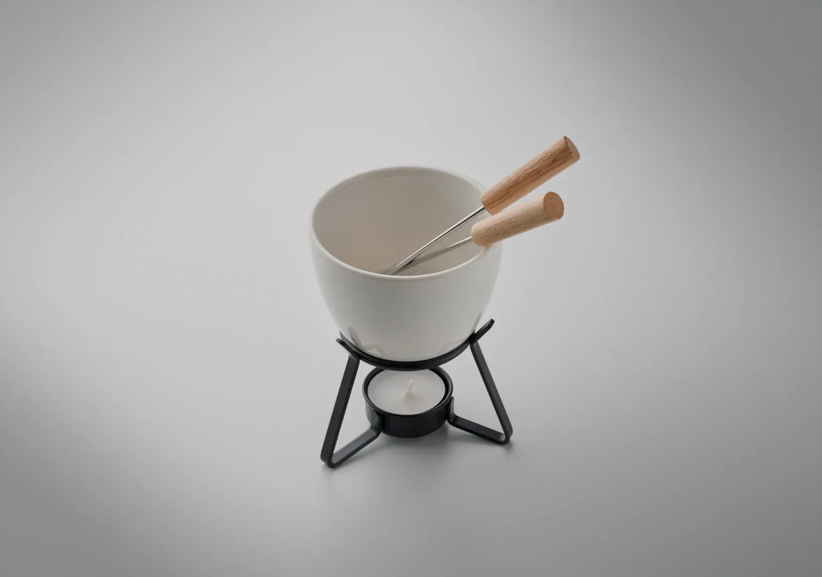 Kase – Small Ceramic Fondue Set for Two; Including Two Metal Forks with Wooden Handles — White