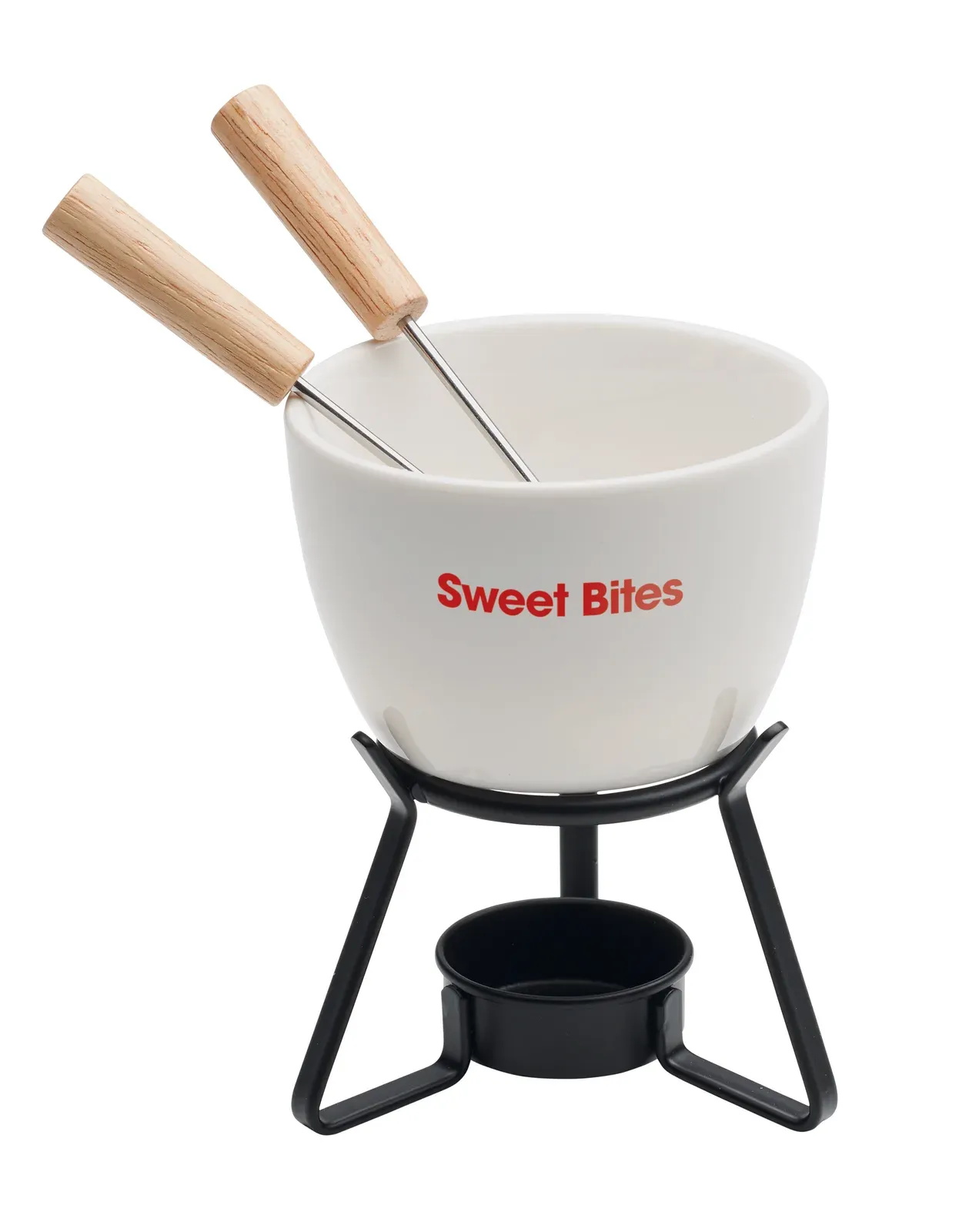 Kase – Small Ceramic Fondue Set for Two; Including Two Metal Forks with Wooden Handles — White