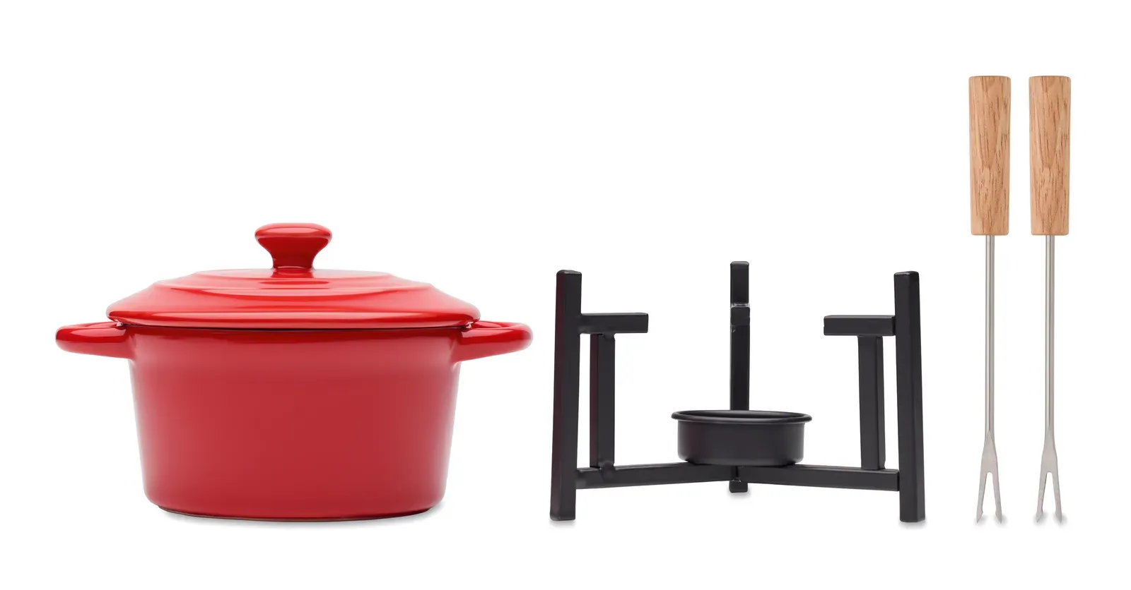 Big Kase – Small Ceramic Fondue Set with Lid for Two; Including 2 Metal Forks with Wooden Handles — Red
