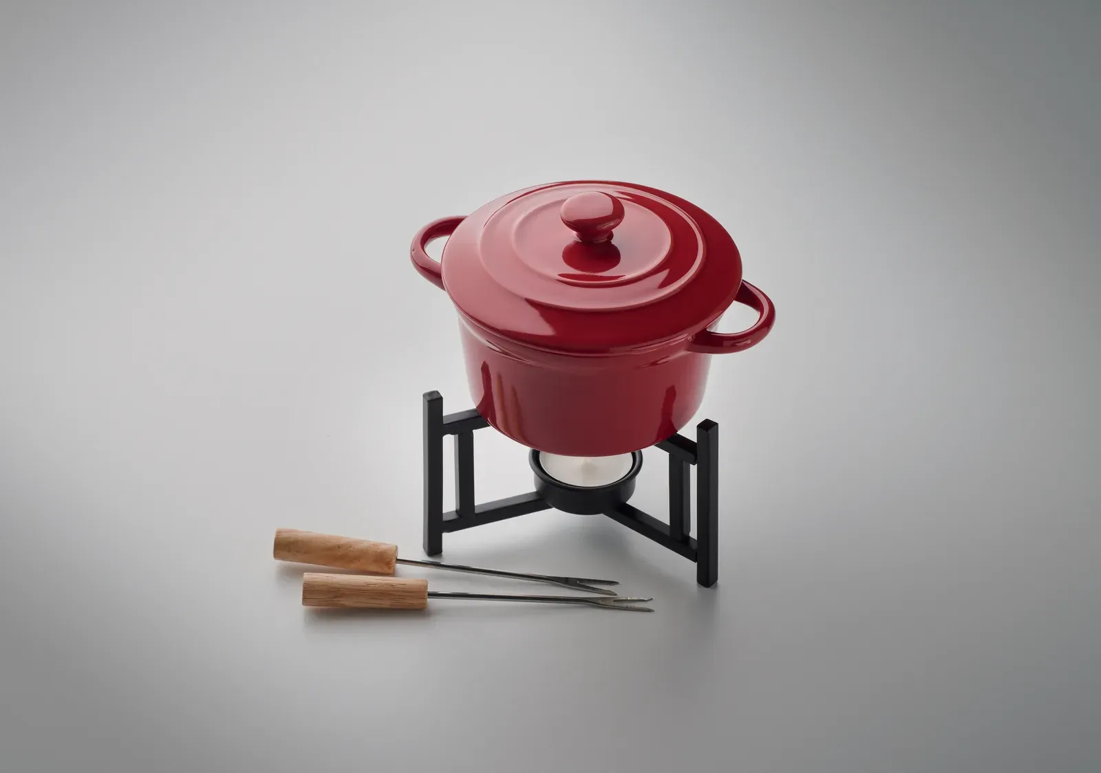 Big Kase – Small Ceramic Fondue Set with Lid for Two; Including 2 Metal Forks with Wooden Handles — Red