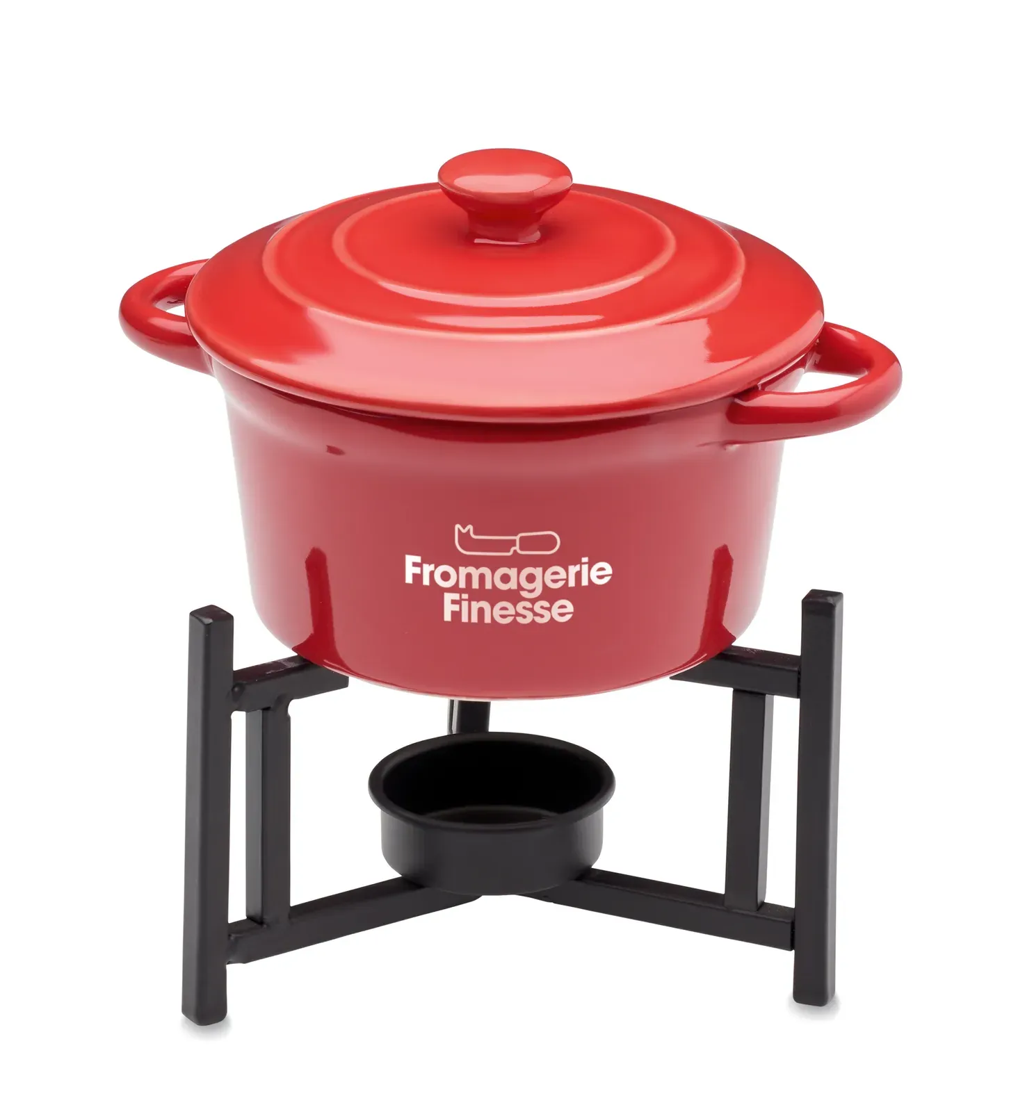 Big Kase – Small Ceramic Fondue Set with Lid for Two; Including 2 Metal Forks with Wooden Handles — Red