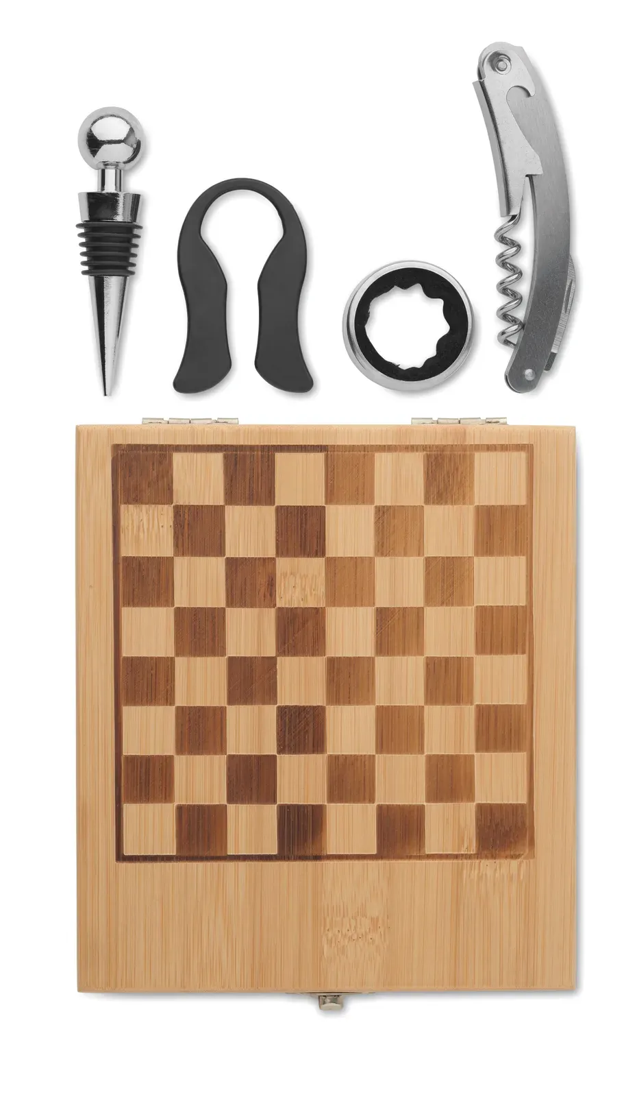 Chesset – Chess Board Wine Set in Bamboo Box; Including Corkscrew, Wine Pourer, Bottle Stopper and Wine Bottle Drip Ring — Wood