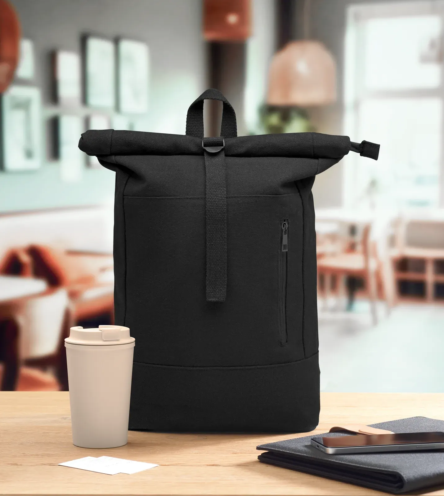 Polyester Laptop Backpack Koper Roll with Zippered Pocket 27X10X55 cm — Black