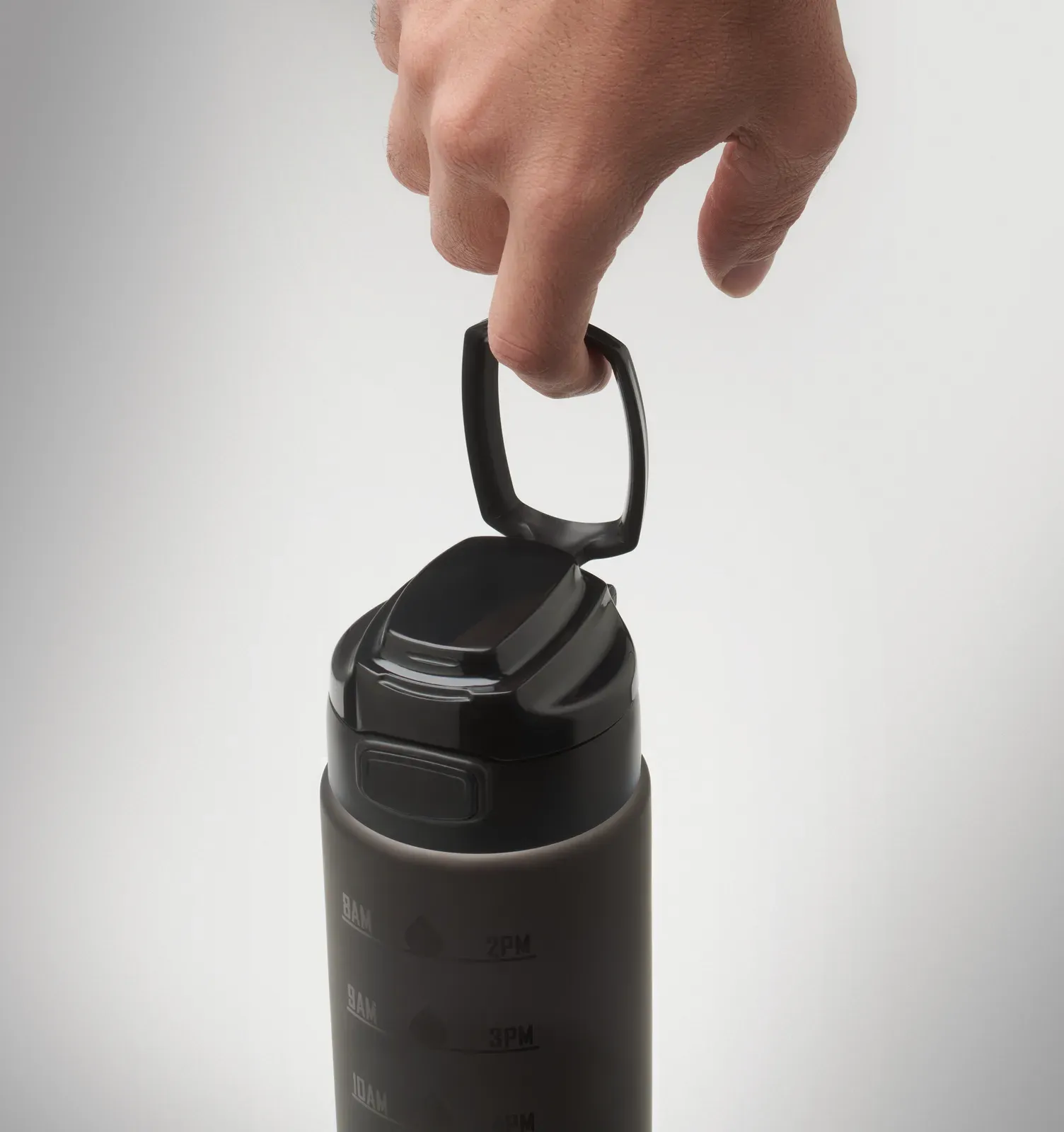Level – Sports Water Bottle in RPET, Motivational Time Markings, One Hand Opening Flip Top Lid — Black