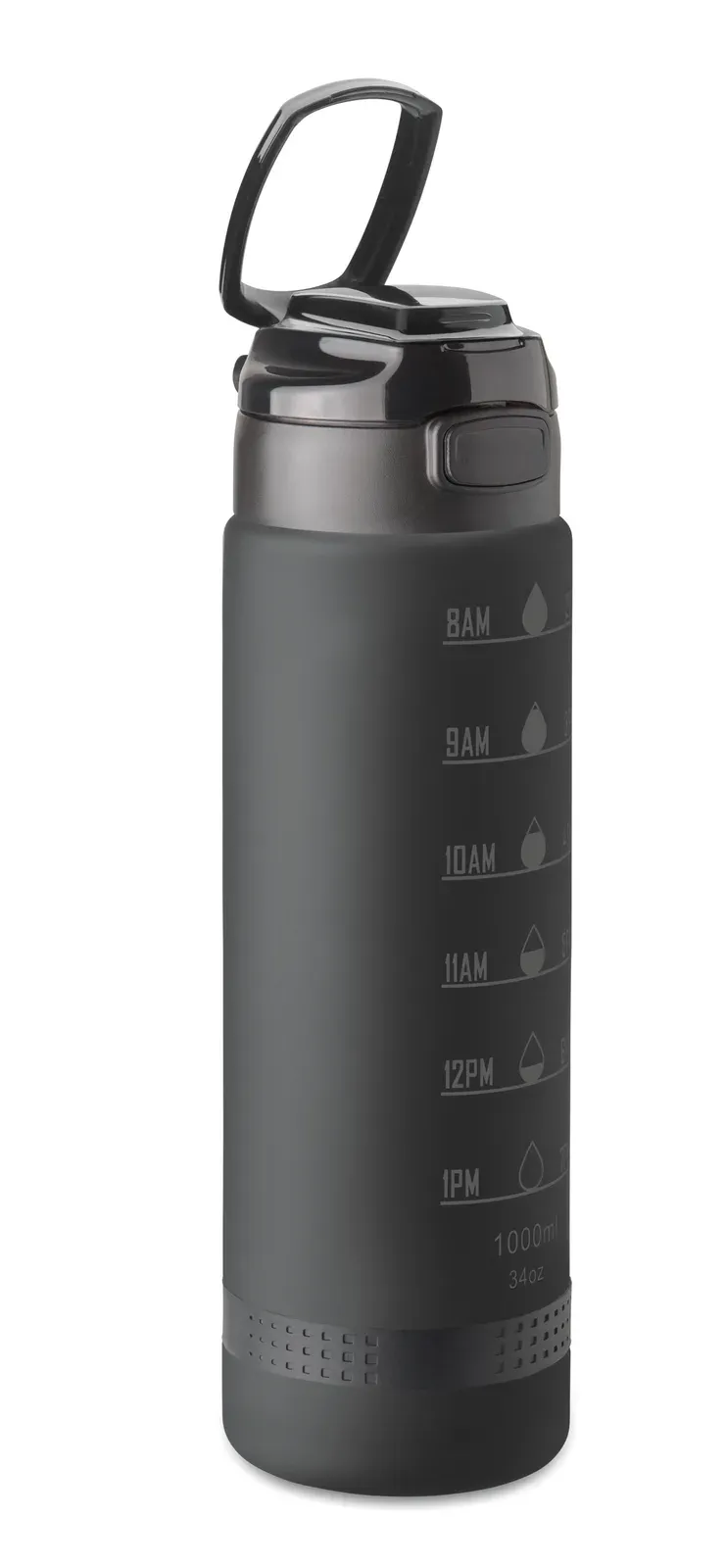 Level – Sports Water Bottle in RPET, Motivational Time Markings, One Hand Opening Flip Top Lid — Black