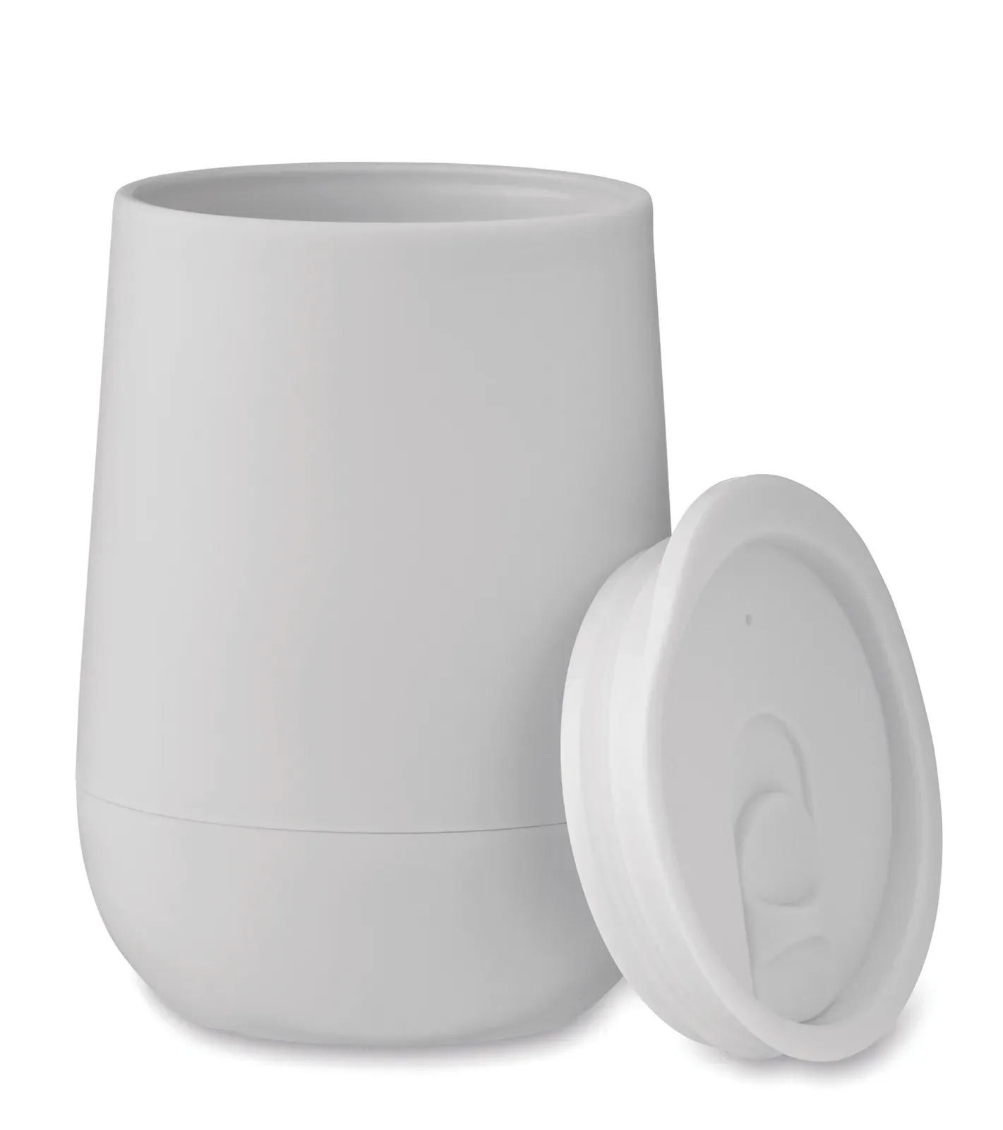 Double wall tumbler in PP with slide cover mouthpiece
lid in PS and ABS. Capacity: 300 ml. — White