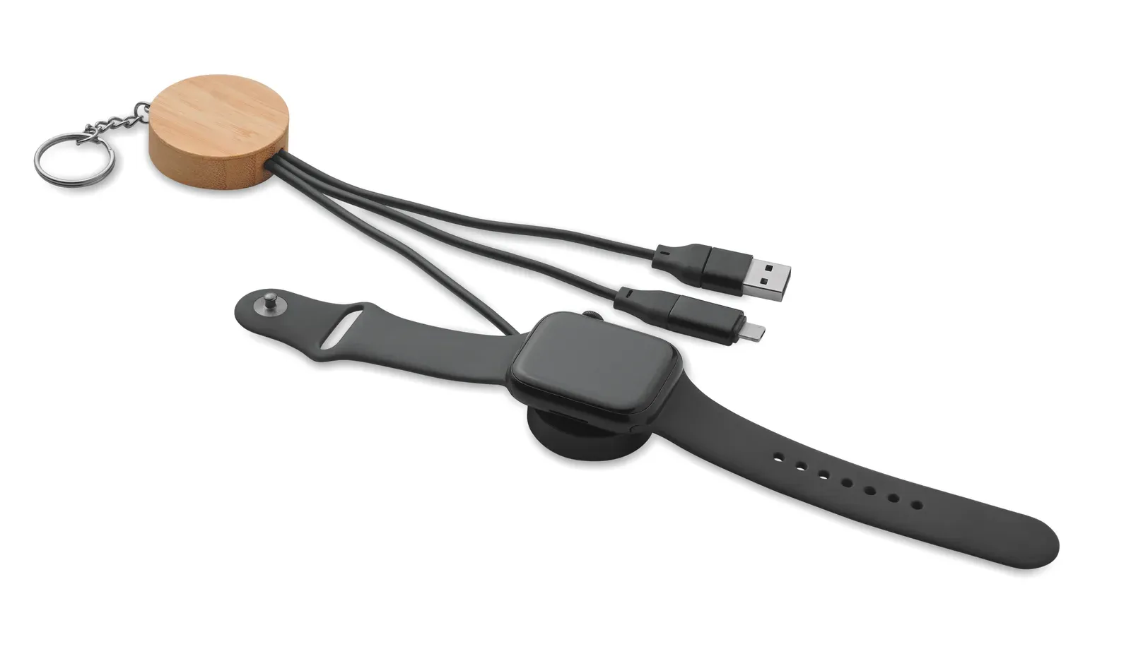 Bule 4-in-1 Bamboo Charging Cable Keyring – Watch Charging — Black