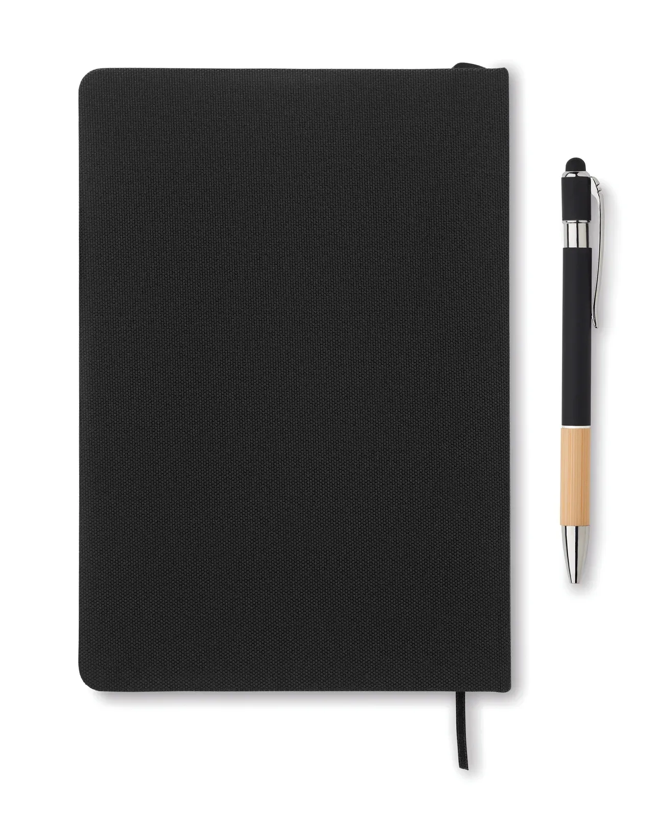 Nota A5 RPET Notebook Set – Phone Stand, Bamboo-Grip Pen & 160-Page FSC Refill — Black