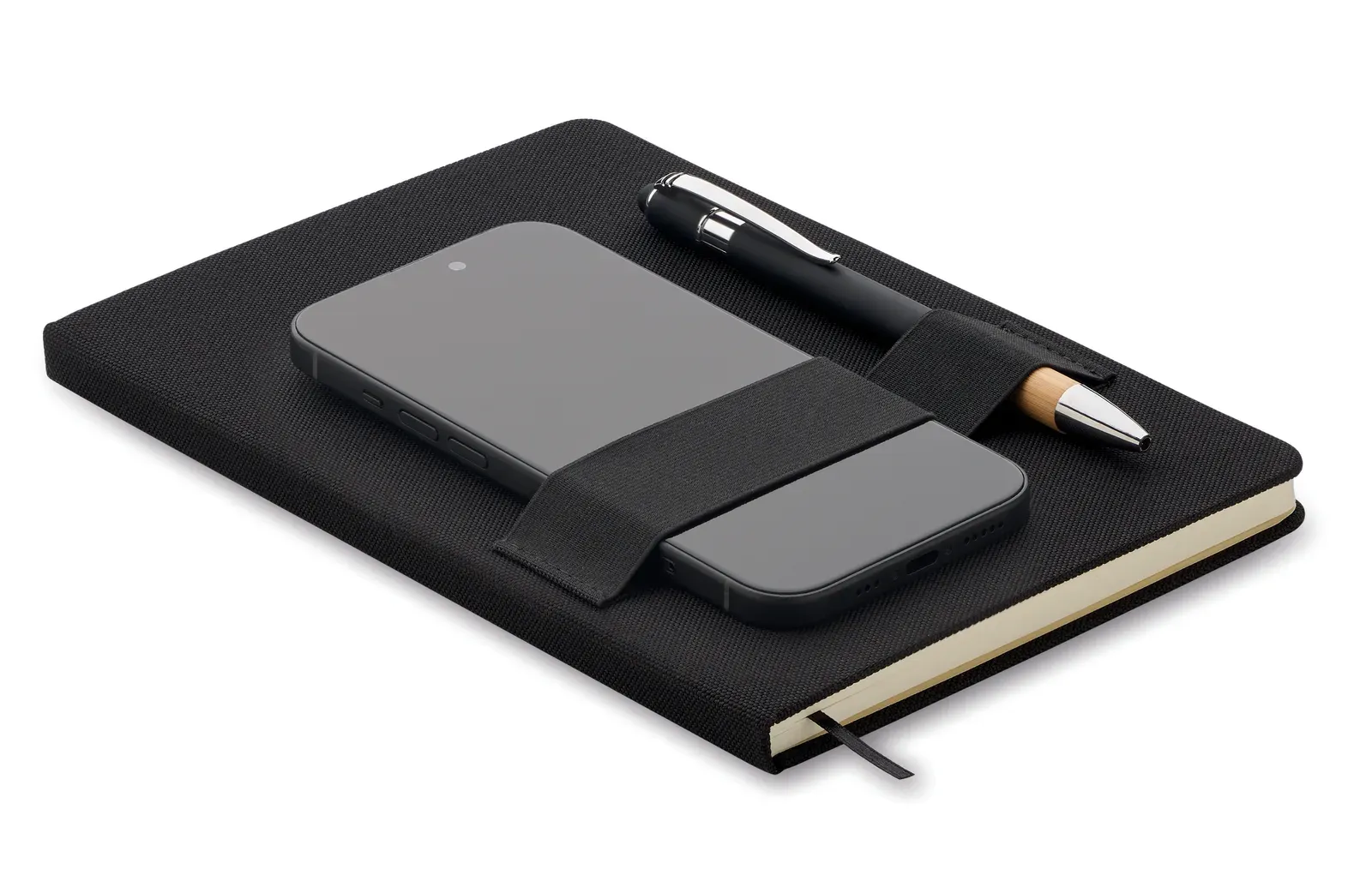 Nota A5 RPET Notebook Set – Phone Stand, Bamboo-Grip Pen & 160-Page FSC Refill — Black
