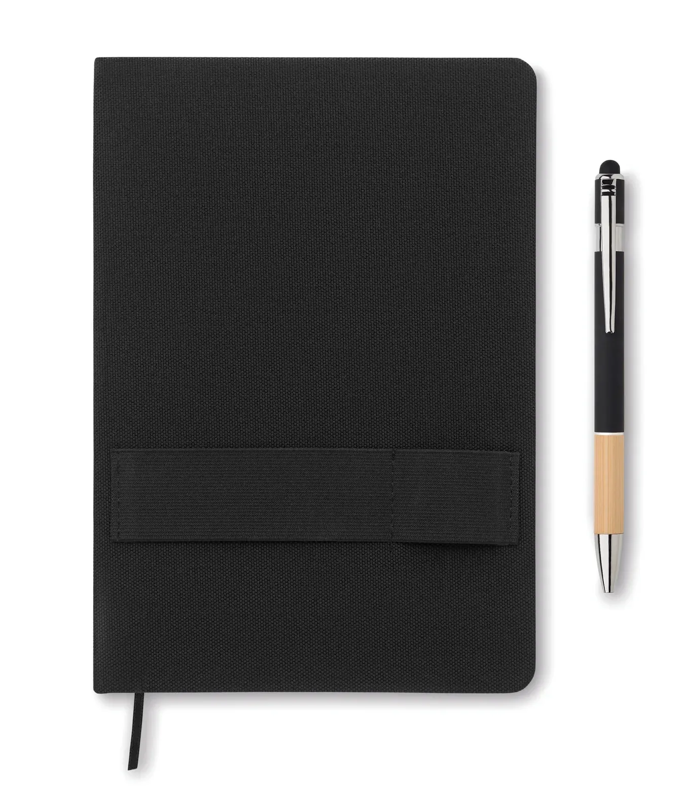 Nota A5 RPET Notebook Set – Phone Stand, Bamboo-Grip Pen & 160-Page FSC Refill — Black