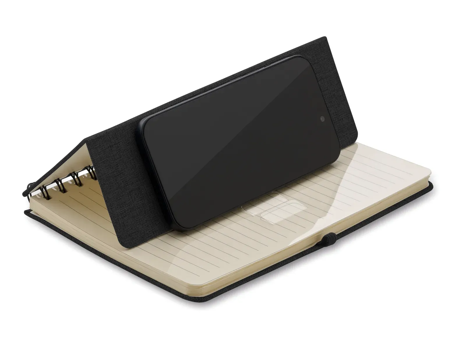 Strata A5 RPET Notebook with Phone Stand – Twin-Wire, 160-Page Recycled Refill — Black