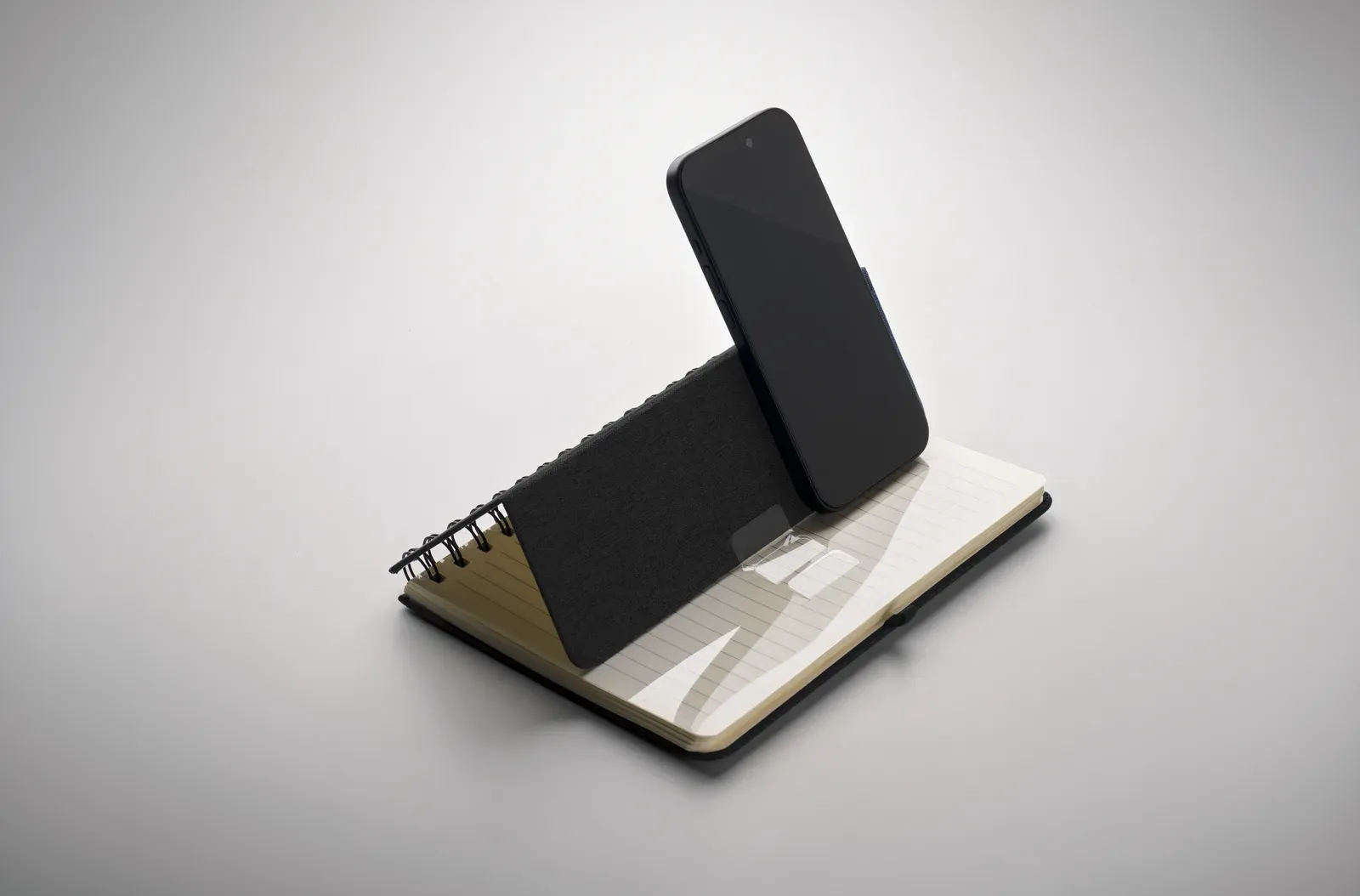 Strata A5 RPET Notebook with Phone Stand – Twin-Wire, 160-Page Recycled Refill — Black