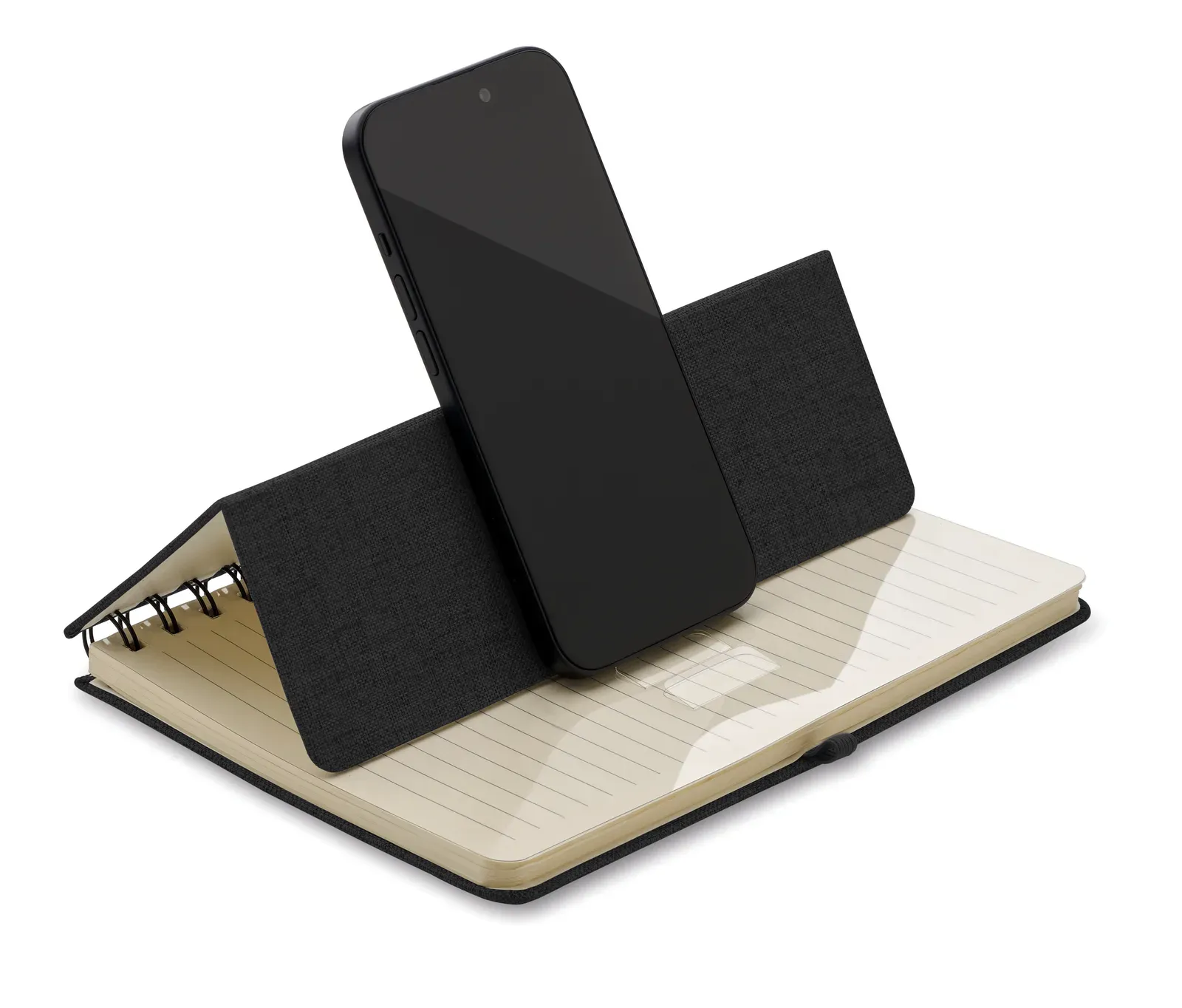 Strata A5 RPET Notebook with Phone Stand – Twin-Wire, 160-Page Recycled Refill — Black
