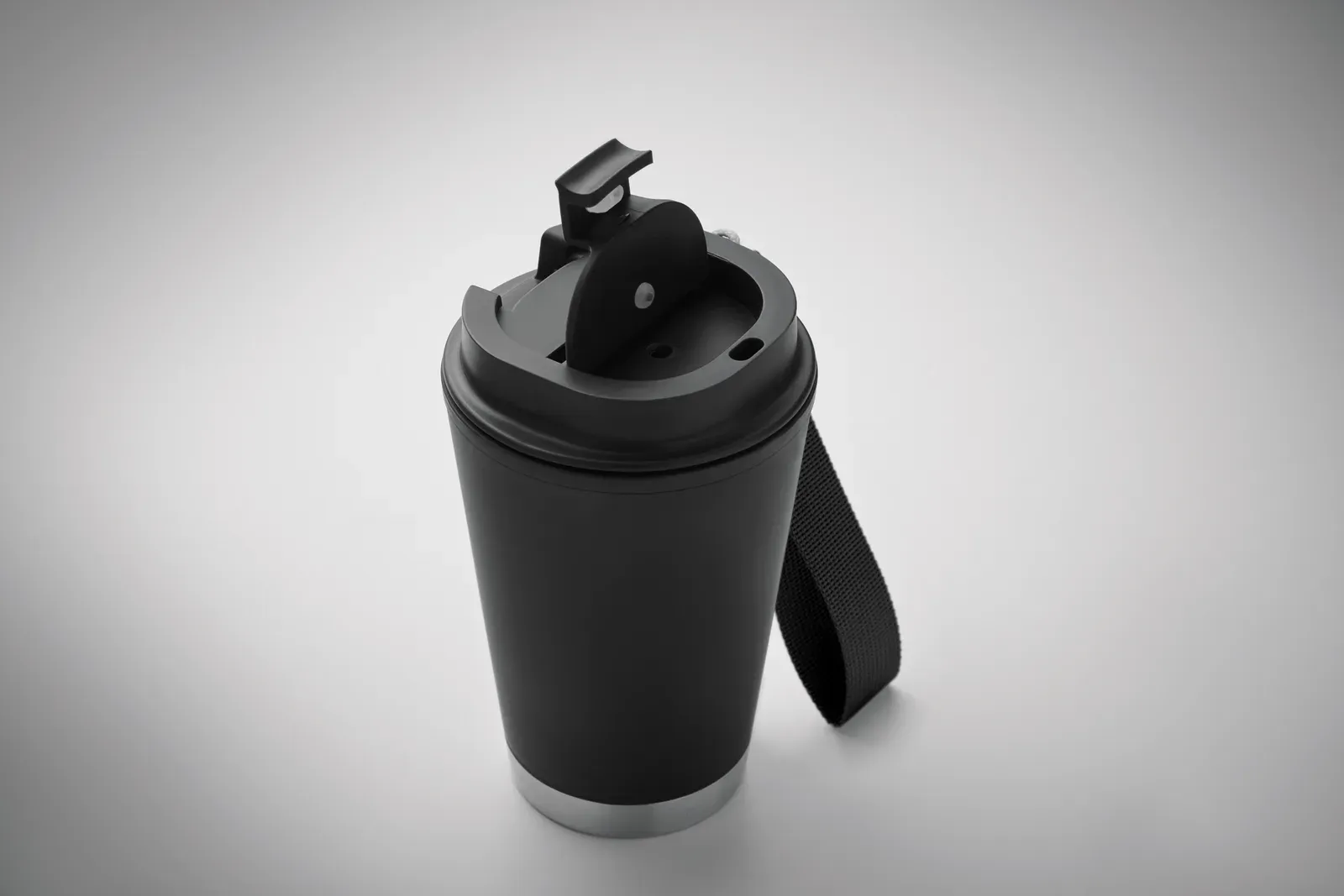 Topiz – Double Wall Tumbler in PP Inner Wall, Recycled PP Outside Wall, Recycled Stainless Steel Detail and RPET Wrist — Black