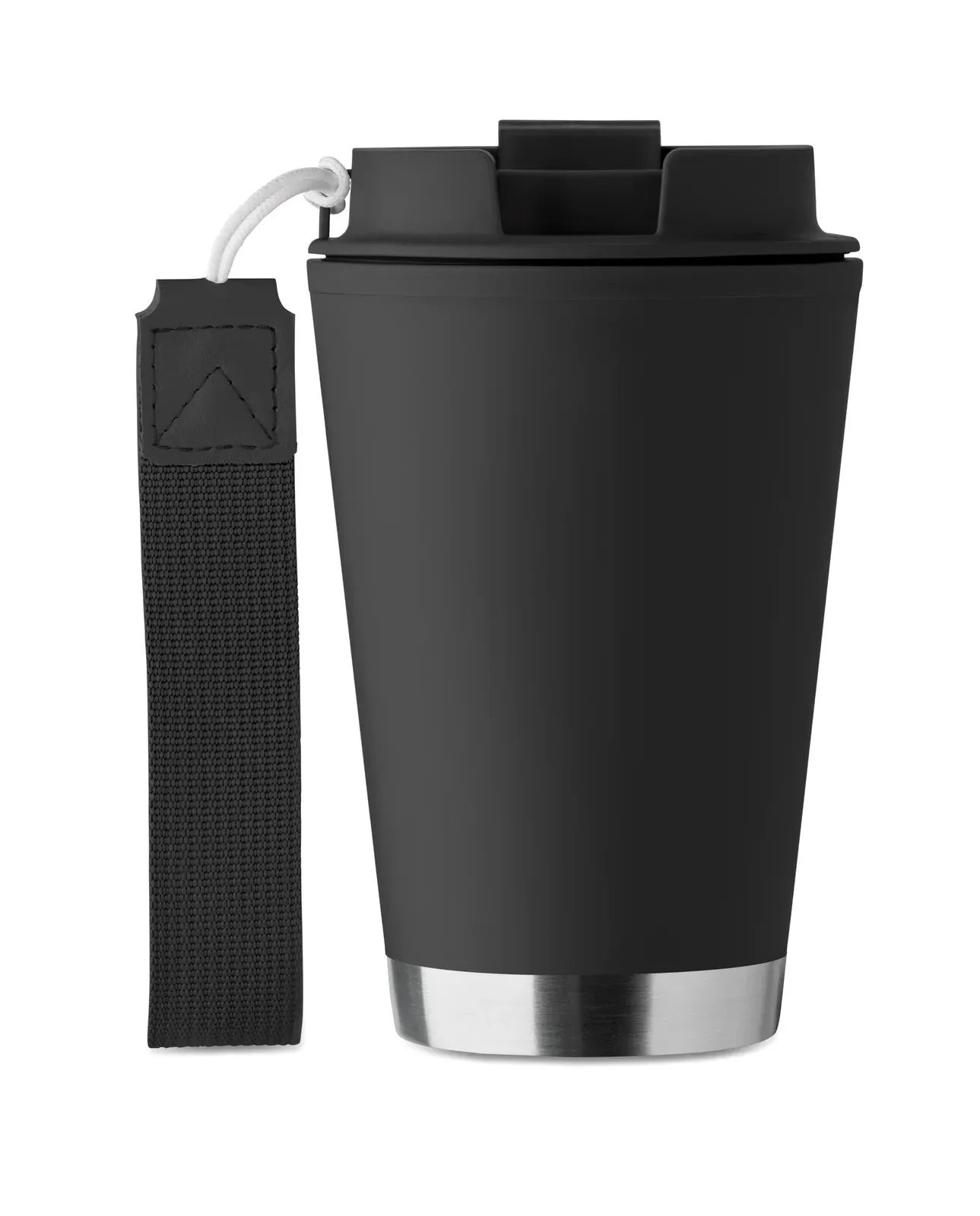 Topiz – Double Wall Tumbler in PP Inner Wall, Recycled PP Outside Wall, Recycled Stainless Steel Detail and RPET Wrist — Black