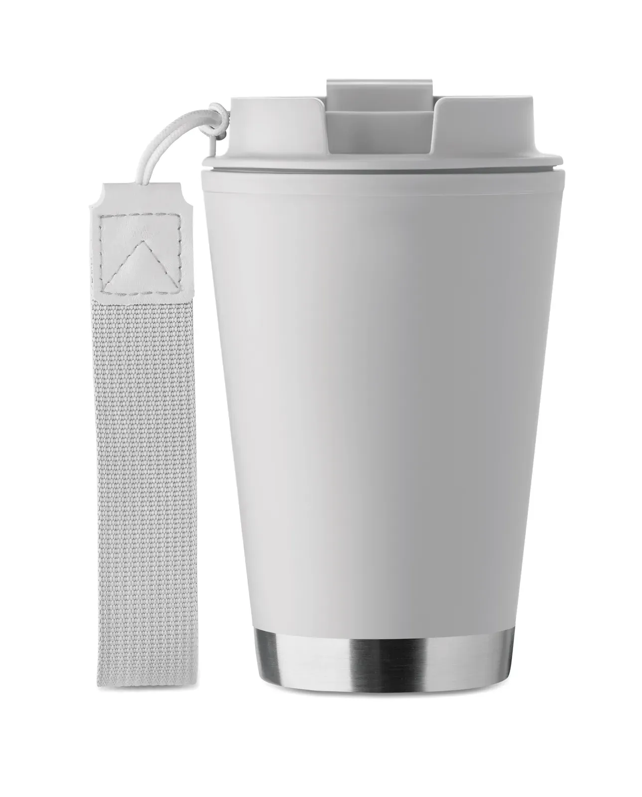 Topiz – Double Wall Tumbler in PP Inner Wall, Recycled PP Outside Wall, Recycled Stainless Steel Detail and RPET Wrist — White