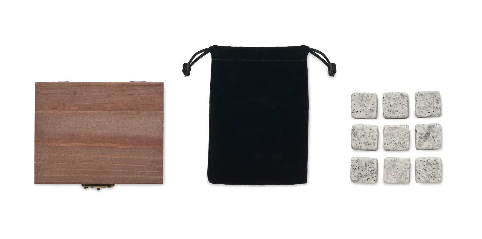 Aberdeen – Reusable Stone Set in Pine Wood Box; Includes 9 Stone Ice Cubes with Velvet Pouch — Wood