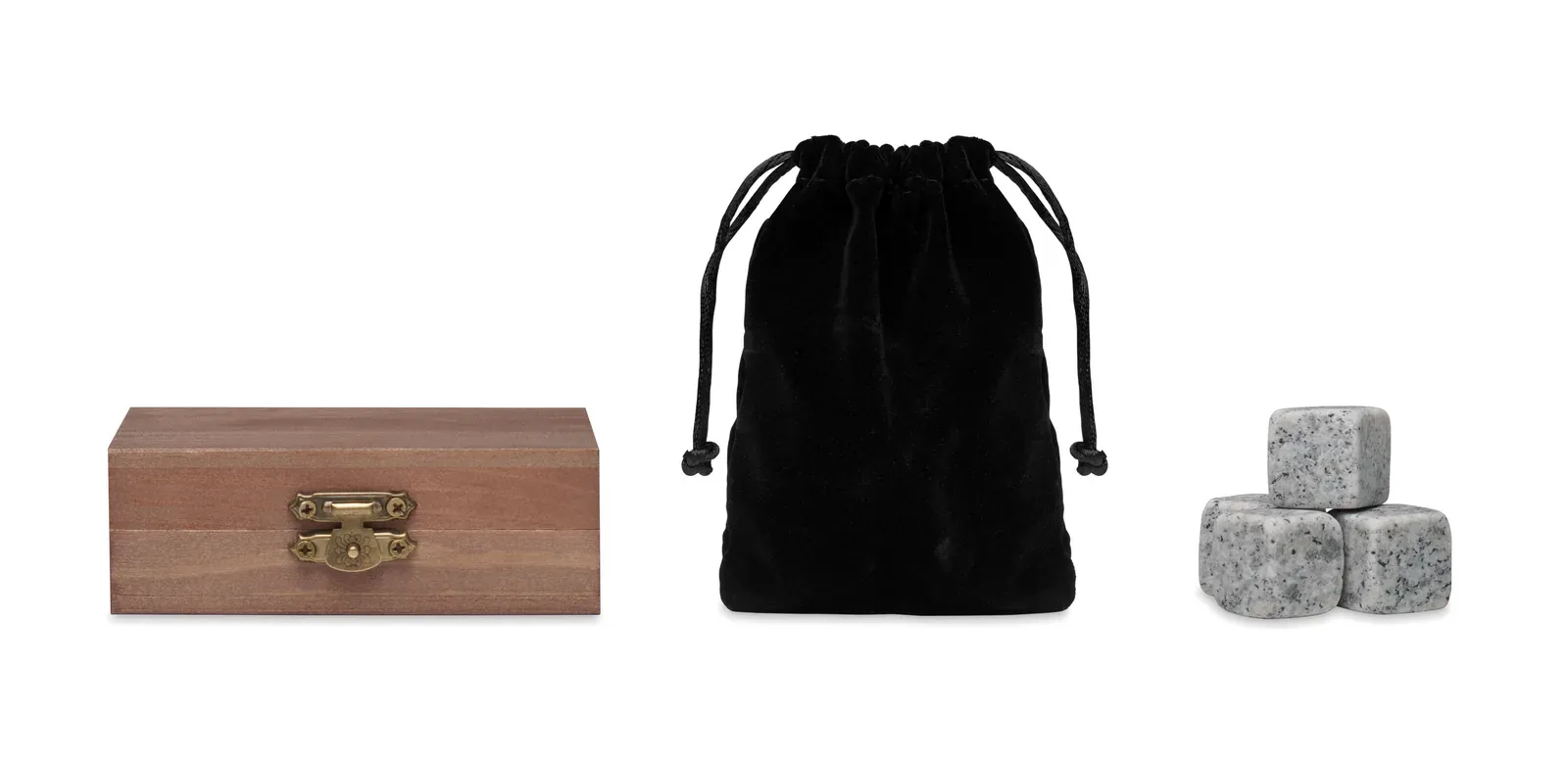 Aberdeen – Reusable Stone Set in Pine Wood Box; Includes 9 Stone Ice Cubes with Velvet Pouch — Wood