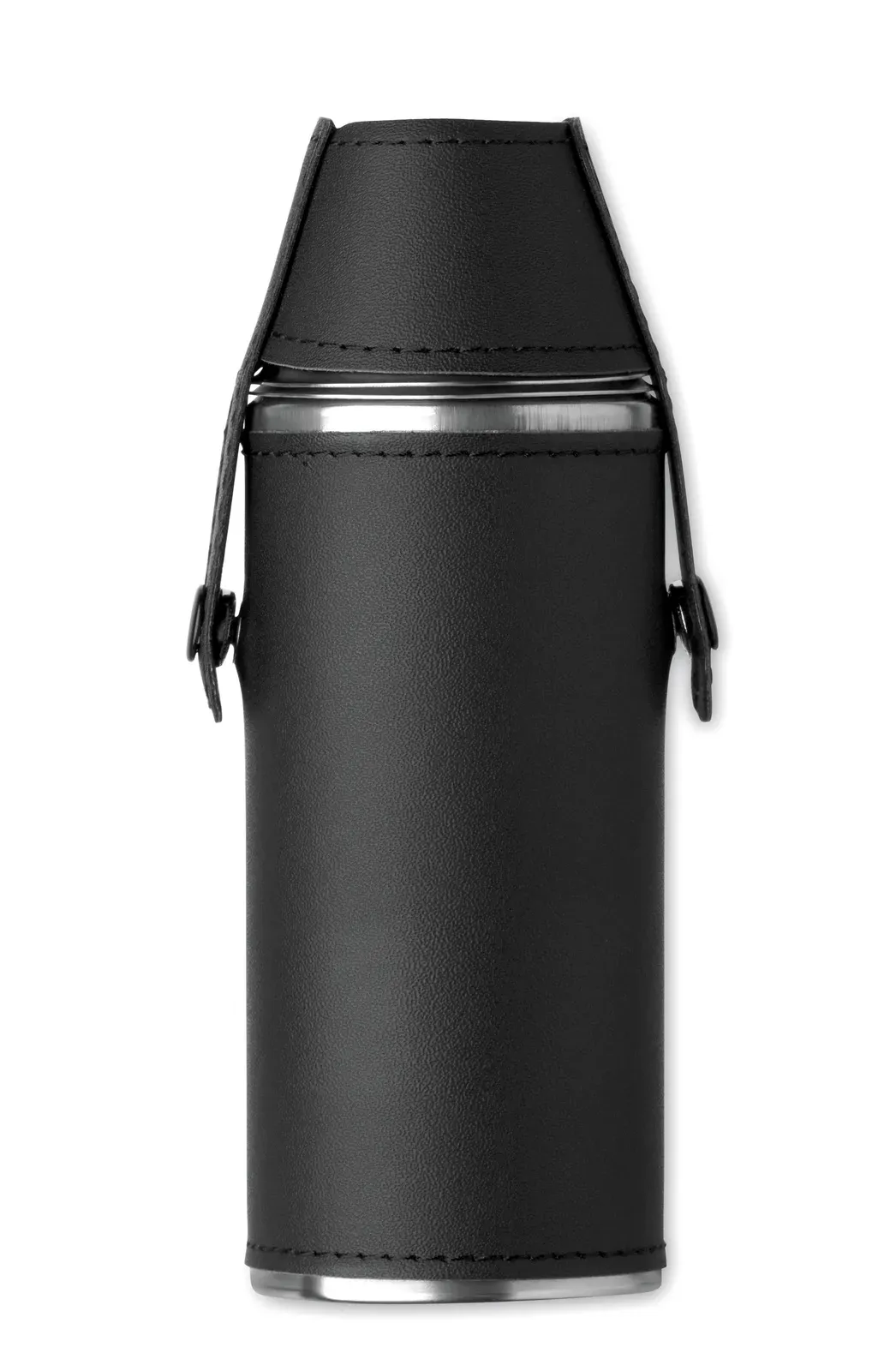 Cocoon – Hip Flask in Stainless Steel with PU Leather Surface and 2 Pieces Stainless Steel Shot Cups in Lid — Black
