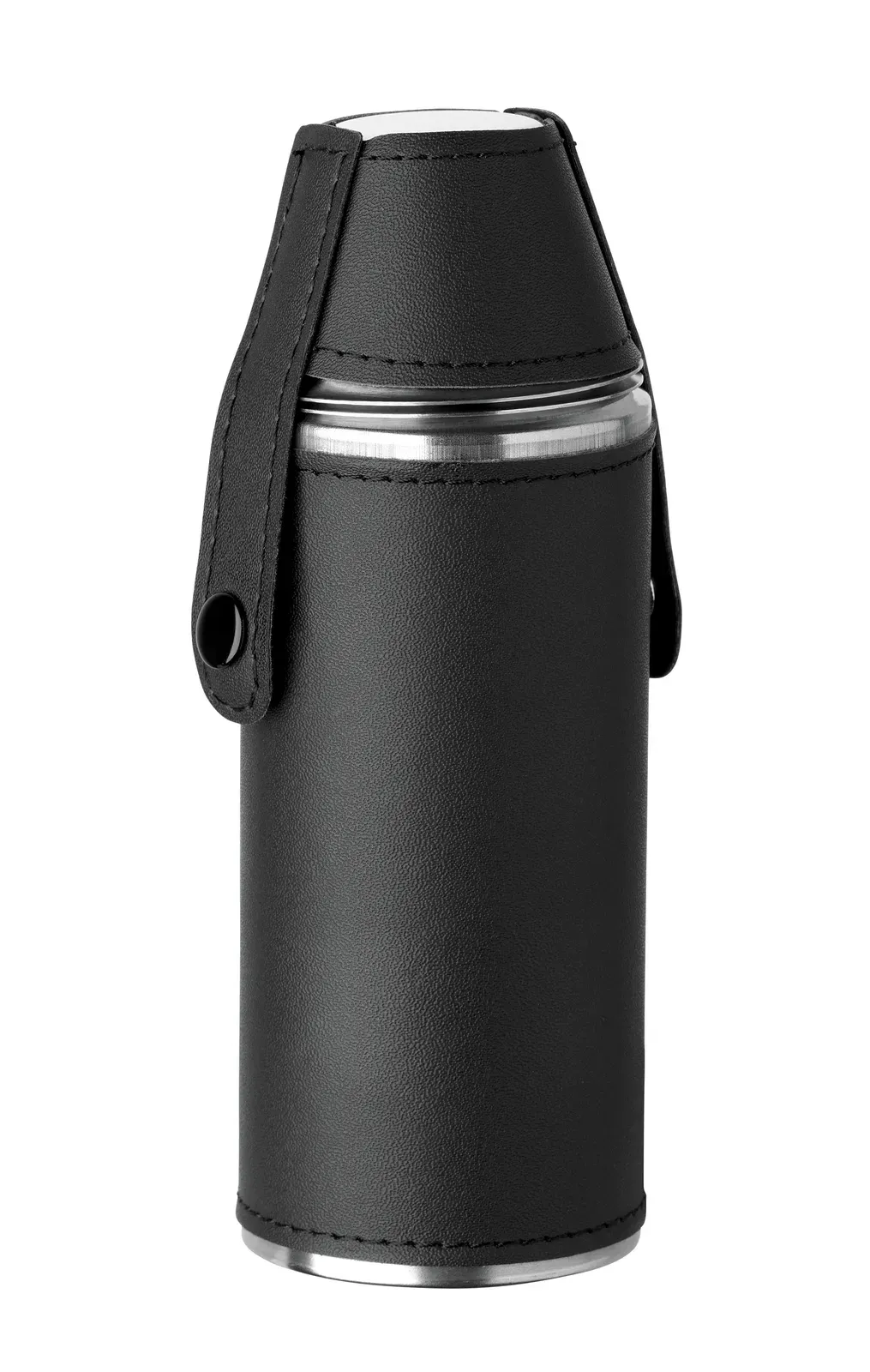 Cocoon – Hip Flask in Stainless Steel with PU Leather Surface and 2 Pieces Stainless Steel Shot Cups in Lid — Black
