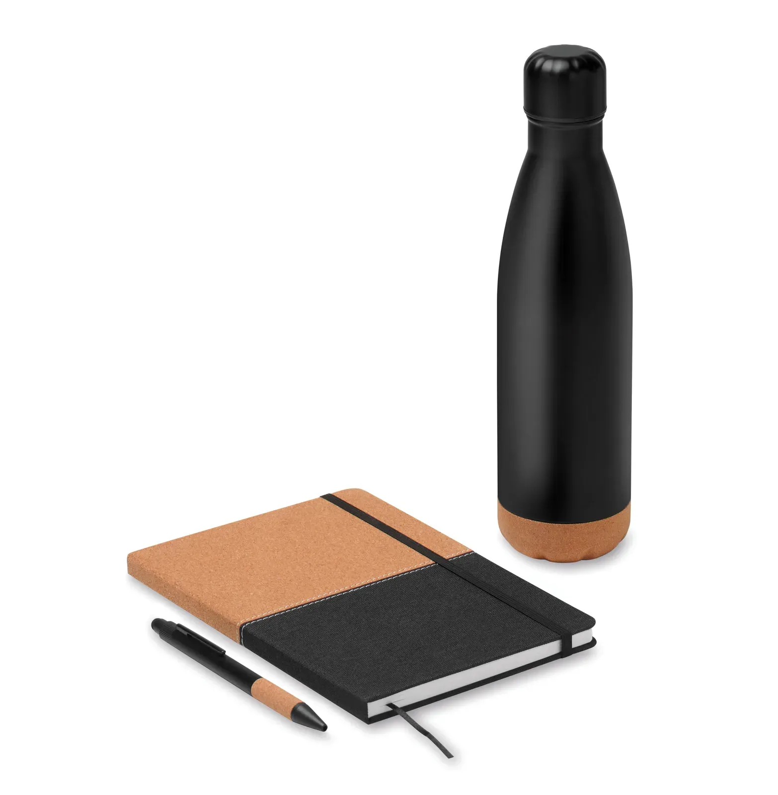 Cadeau 3-Piece Gift Set – RPET & Cork Notebook, Aluminium Pen & 500ml Bottle, FSC-Certified — Black