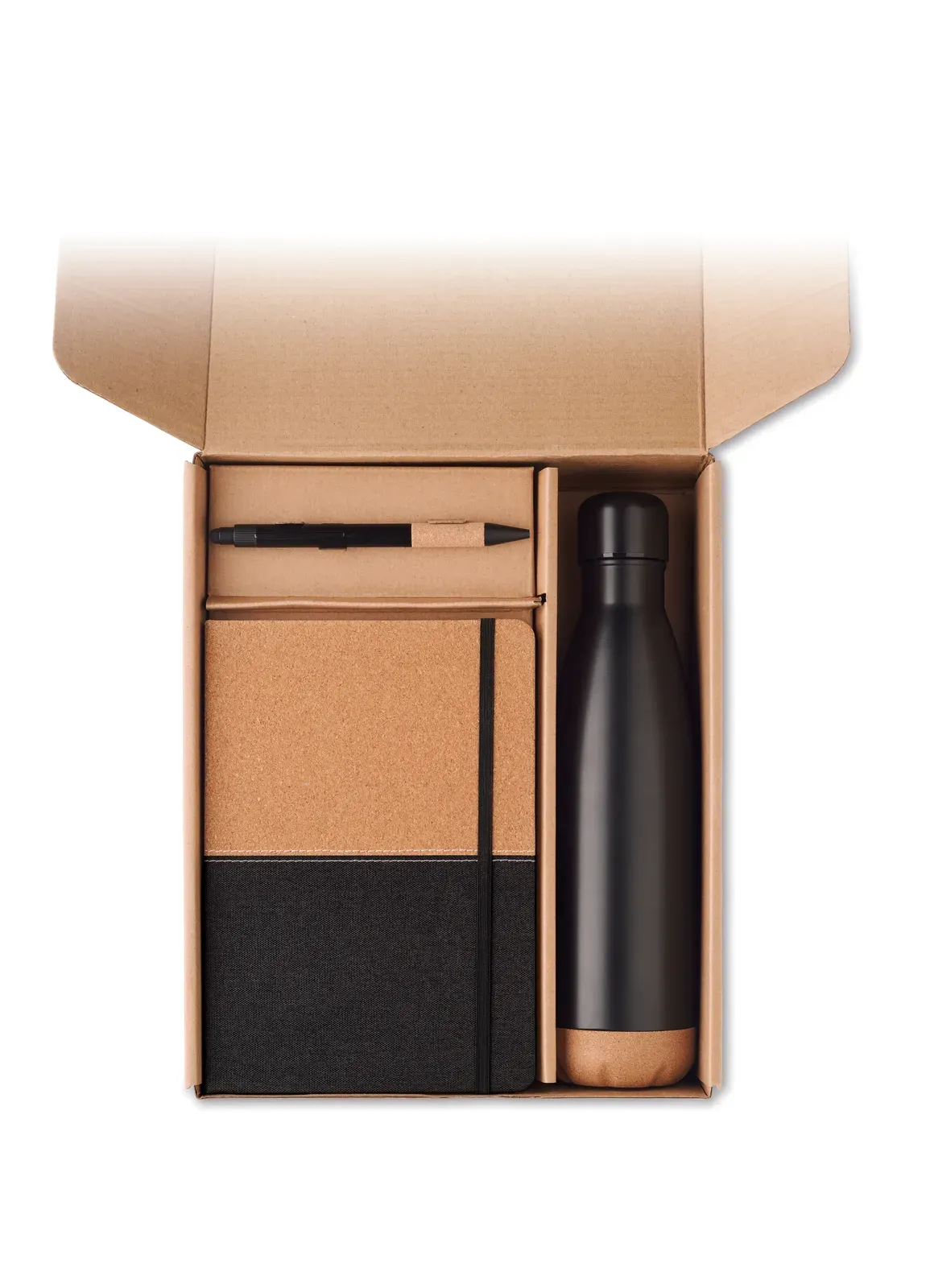Cadeau 3-Piece Gift Set – RPET & Cork Notebook, Aluminium Pen & 500ml Bottle, FSC-Certified — Black