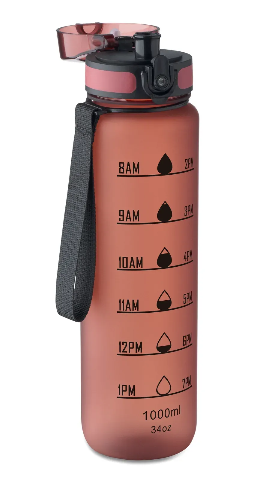 Isforden Mark – Sports Water Bottle in RPET, Motivational Time Markings, One Hand Opening Flip Top Lid — Burgundy