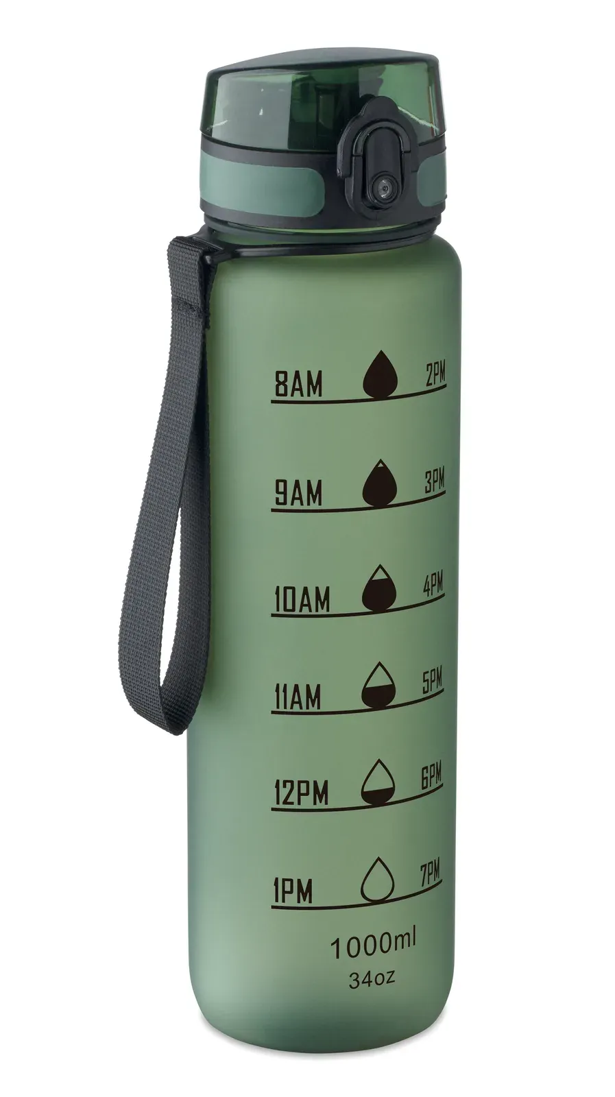 Isforden Mark – Sports Water Bottle in RPET, Motivational Time Markings, One Hand Opening Flip Top Lid — Dark Green