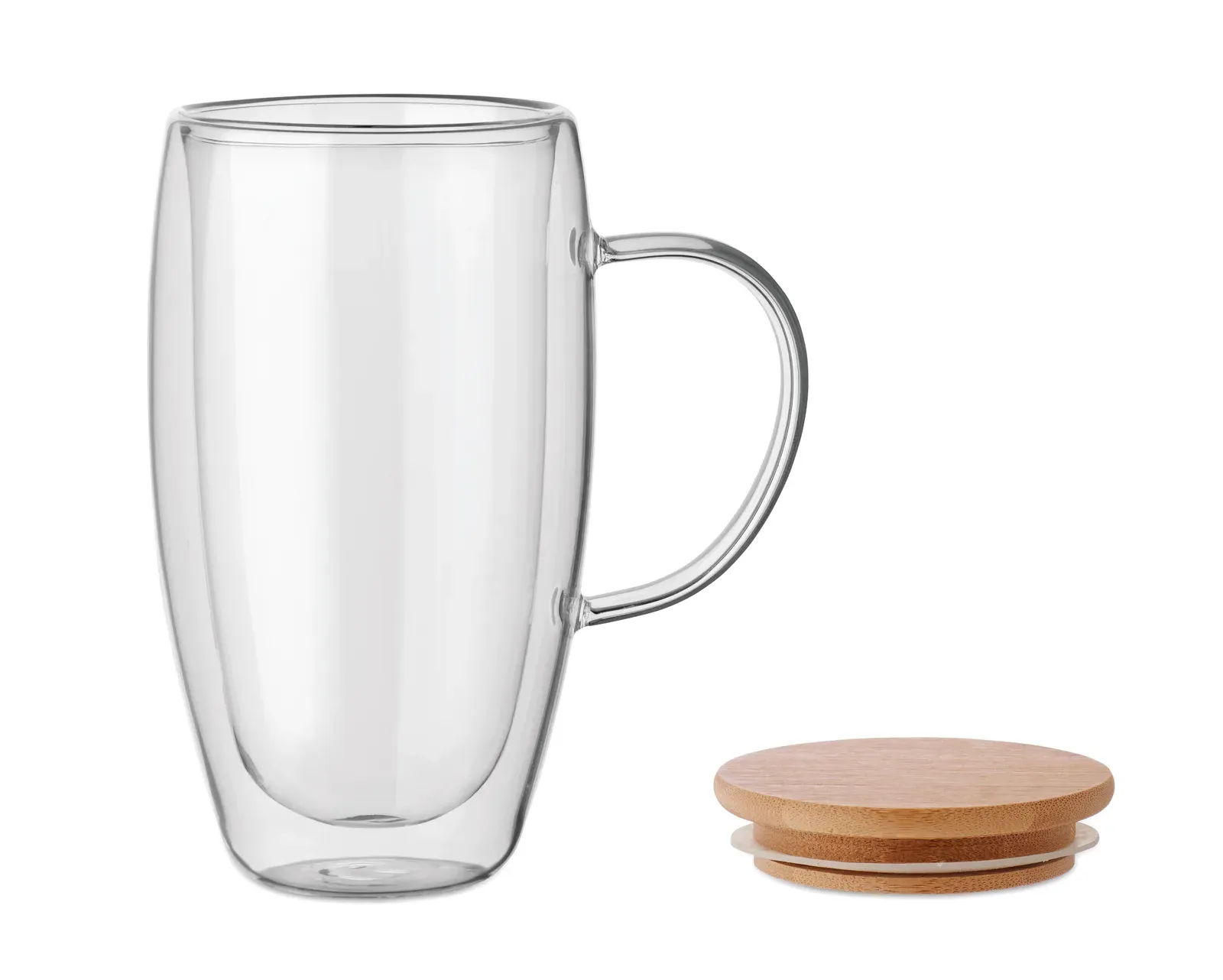 Terol – Double Wall Borosilicate Glass Mug with Handle and Bamboo Lid — Transparent