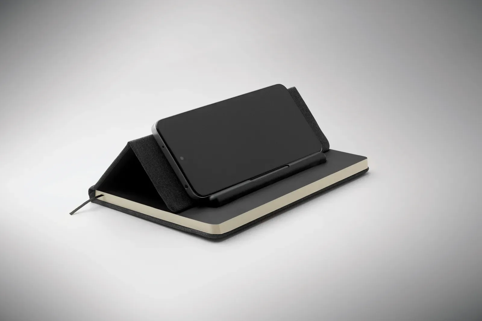 Rinbook A5 RPET Notebook with Phone Stand – 192-Page Refill & Integrated 2-in-1 Pen — Black