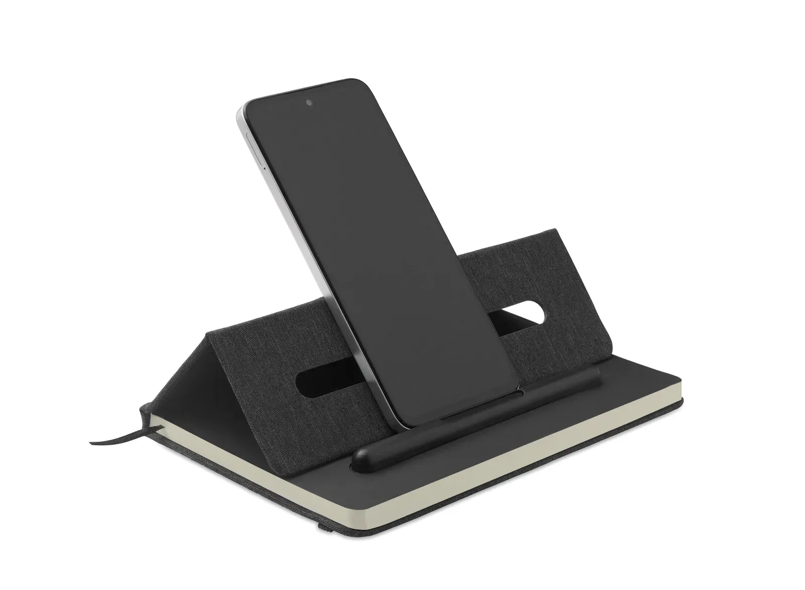 Rinbook A5 RPET Notebook with Phone Stand – 192-Page Refill & Integrated 2-in-1 Pen — Black
