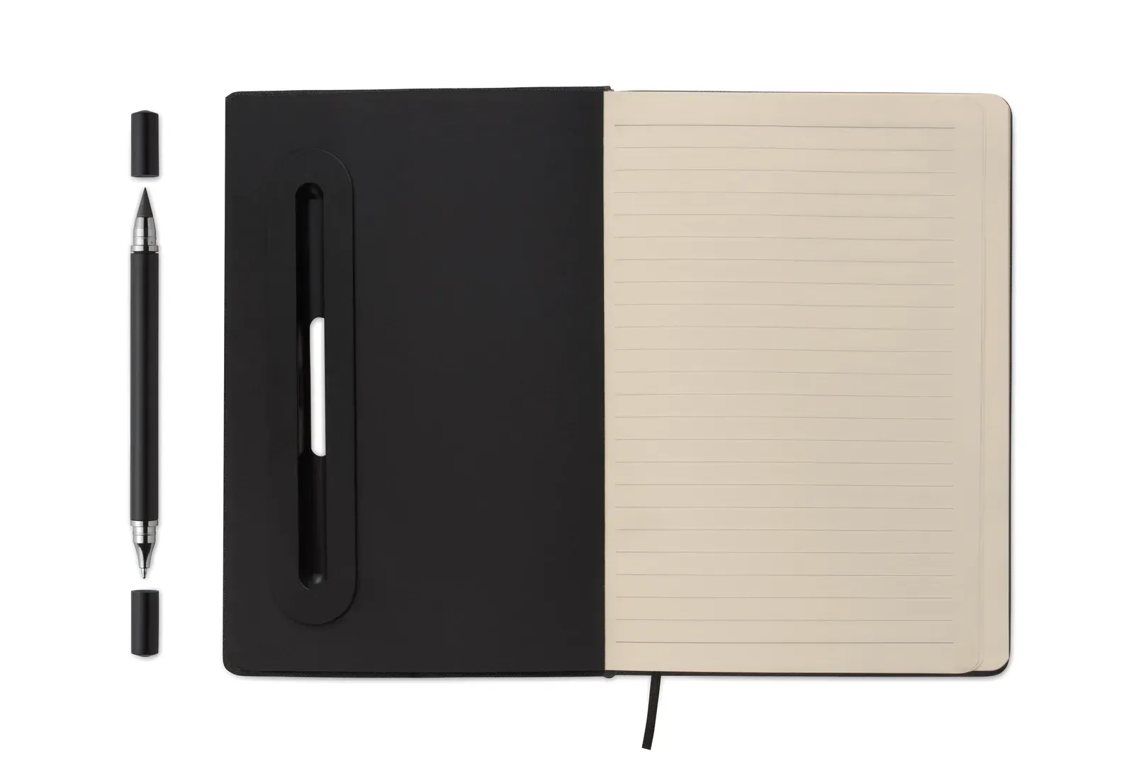 Rinbook A5 RPET Notebook with Phone Stand – 192-Page Refill & Integrated 2-in-1 Pen — Black