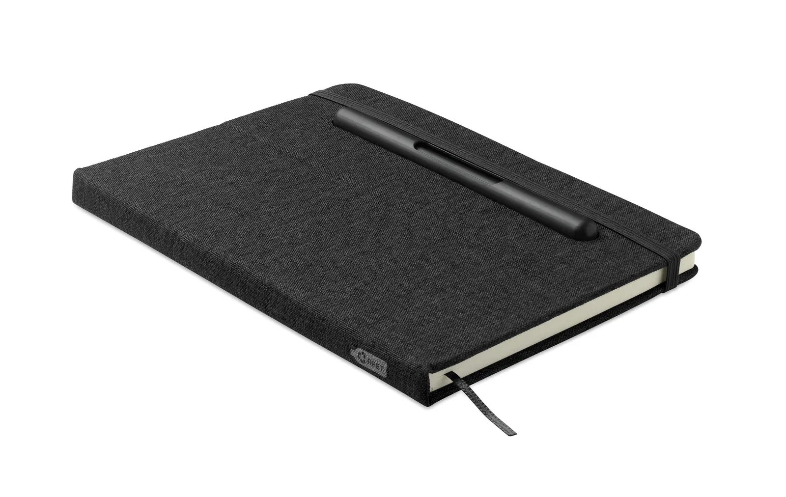 Rinbook A5 RPET Notebook with Phone Stand – 192-Page Refill & Integrated 2-in-1 Pen — Black