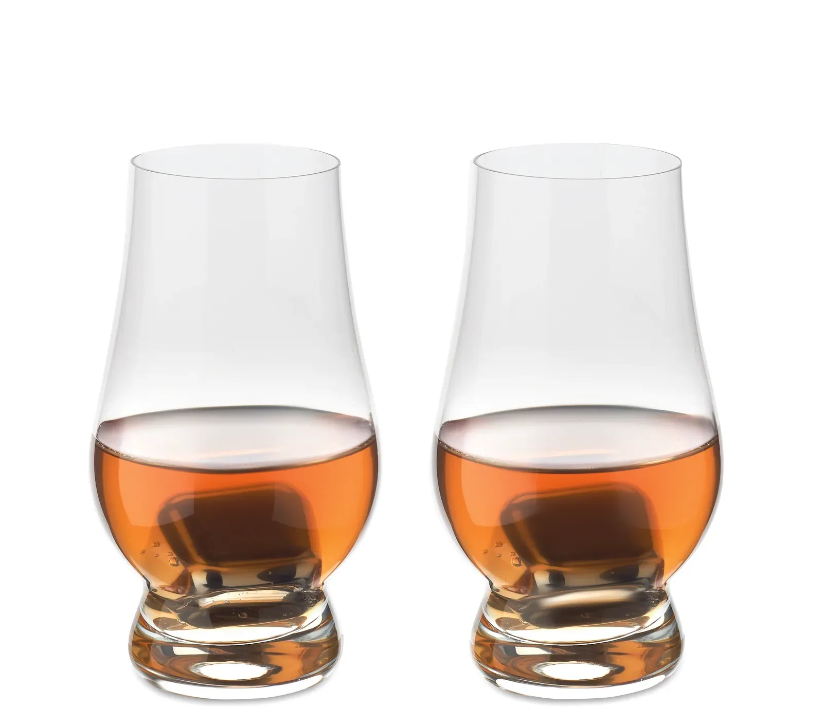 Malt – Set of 2 Sniffer Tasting Glasses for Whisky or Other Liquors, 2 Reusable Stainless Steel Ice Cubes — Transparent