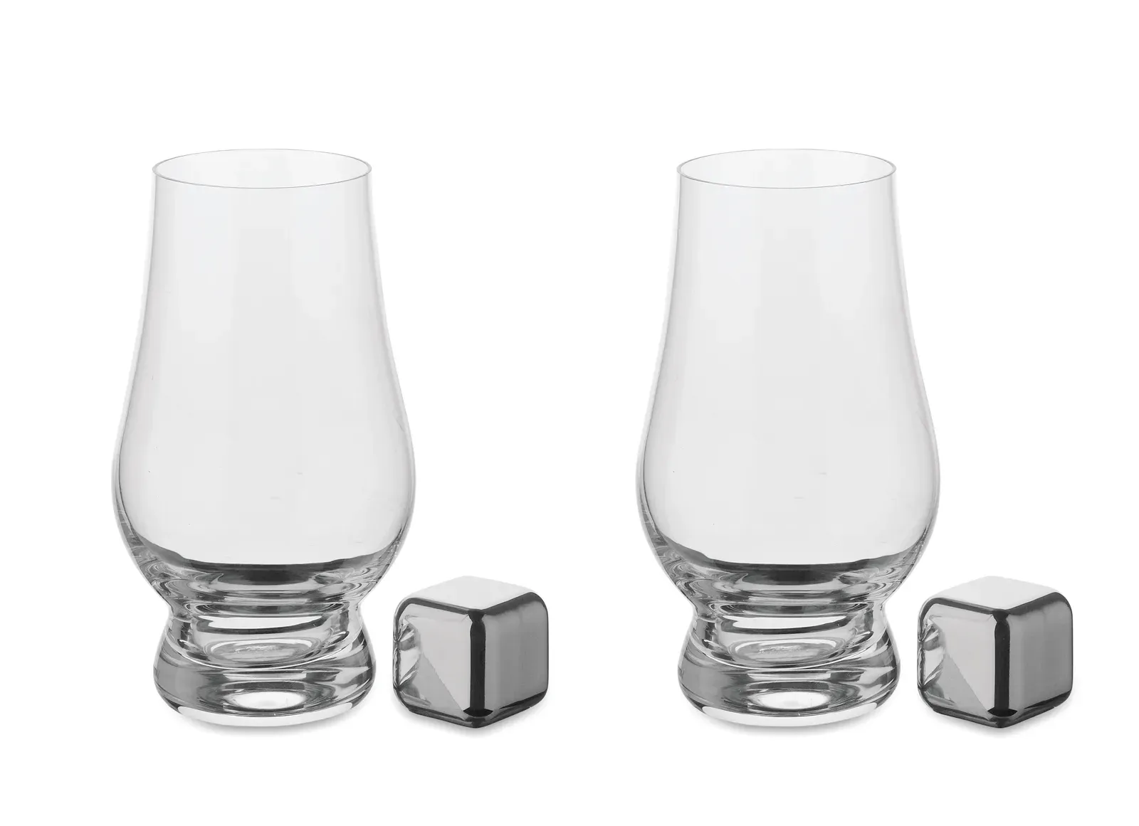 Malt – Set of 2 Sniffer Tasting Glasses for Whisky or Other Liquors, 2 Reusable Stainless Steel Ice Cubes — Transparent