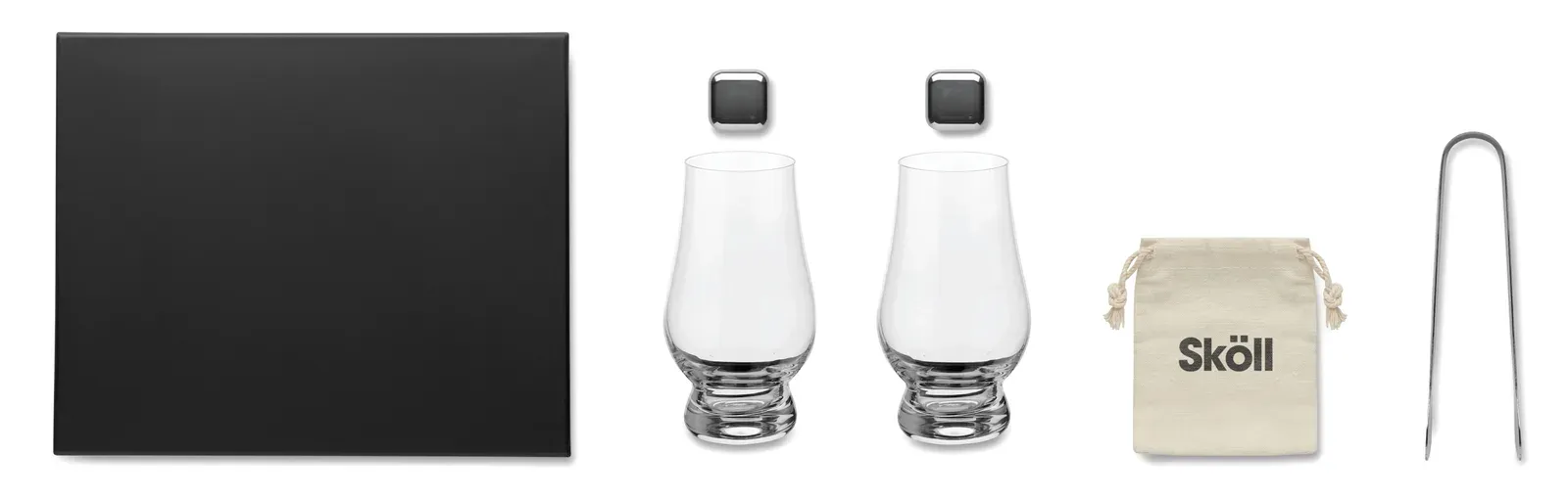 Malt – Set of 2 Sniffer Tasting Glasses for Whisky or Other Liquors, 2 Reusable Stainless Steel Ice Cubes — Transparent