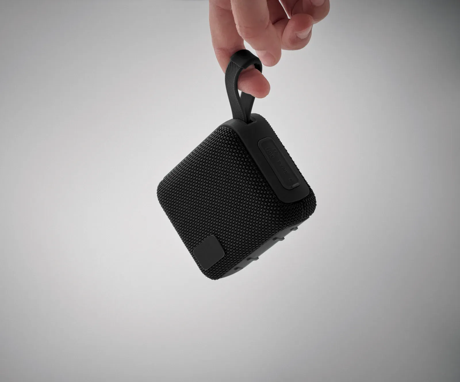 Oblo Wireless 5.0 Speaker – RPET Fabric with Hanging Cord, 5W / 800 mAh — Black