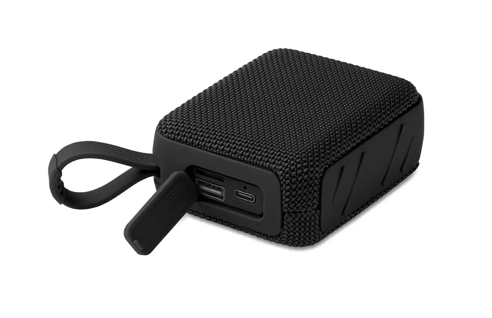 Oblo Wireless 5.0 Speaker – RPET Fabric with Hanging Cord, 5W / 800 mAh — Black