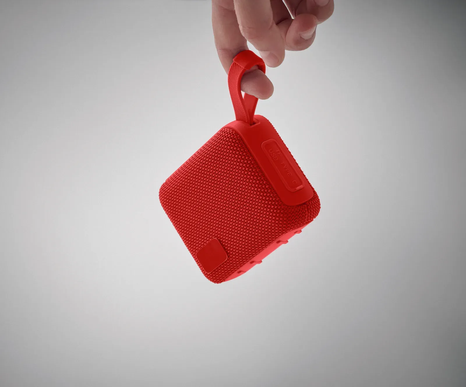 Oblo Wireless 5.0 Speaker – RPET Fabric with Hanging Cord, 5W / 800 mAh — Red