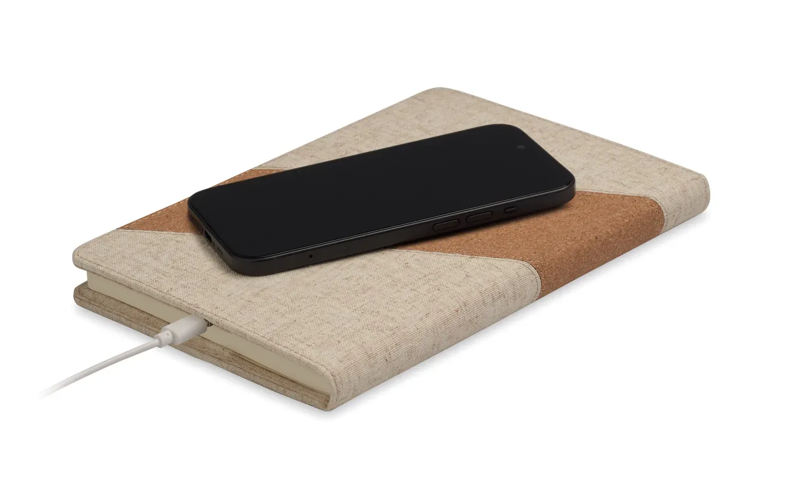 Cortona A5 Notebook with 15W Wireless Charger – Cotton & Cork Cover, 128-Page Refill — Beige